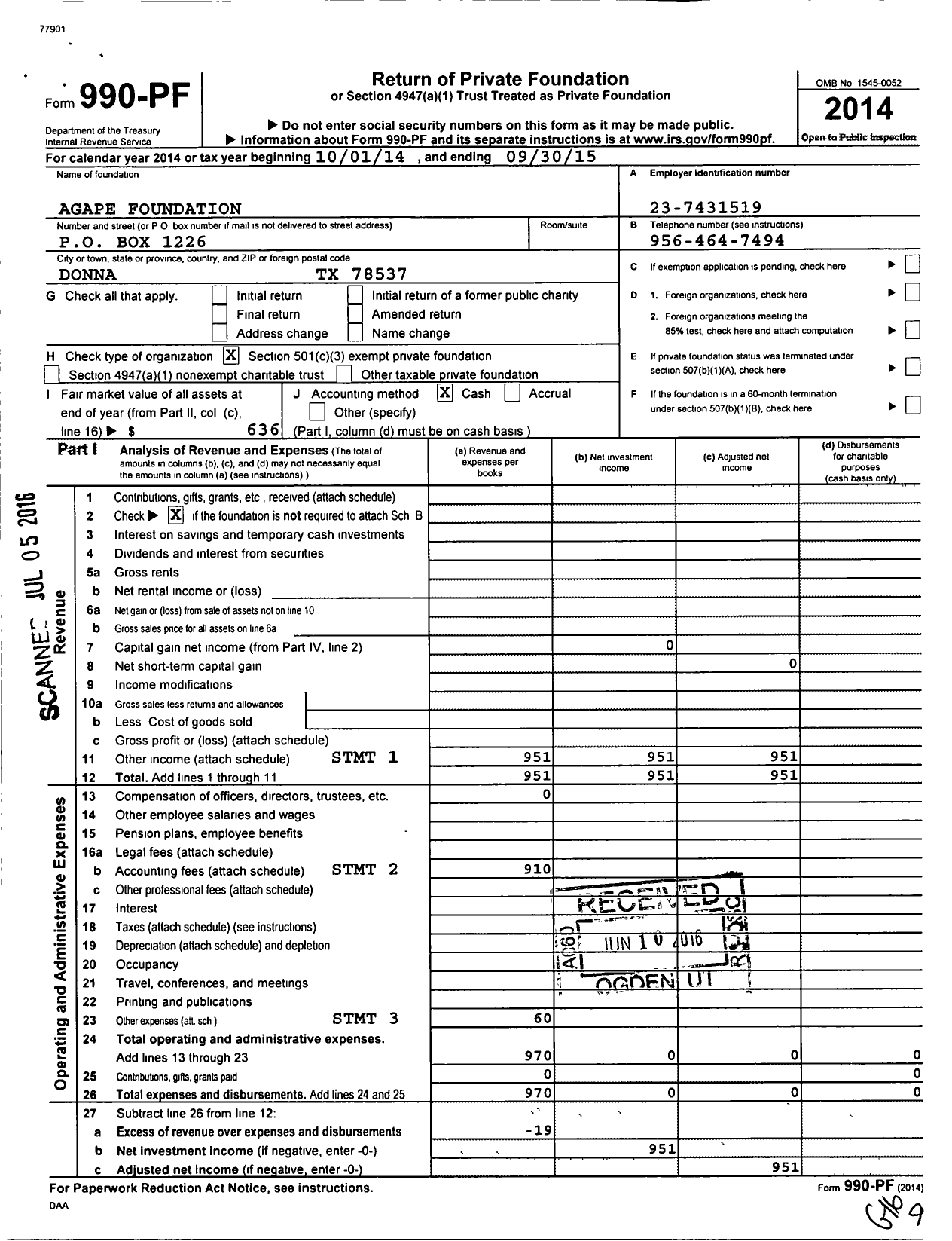 Image of first page of 2014 Form 990PF for Agape Foundation