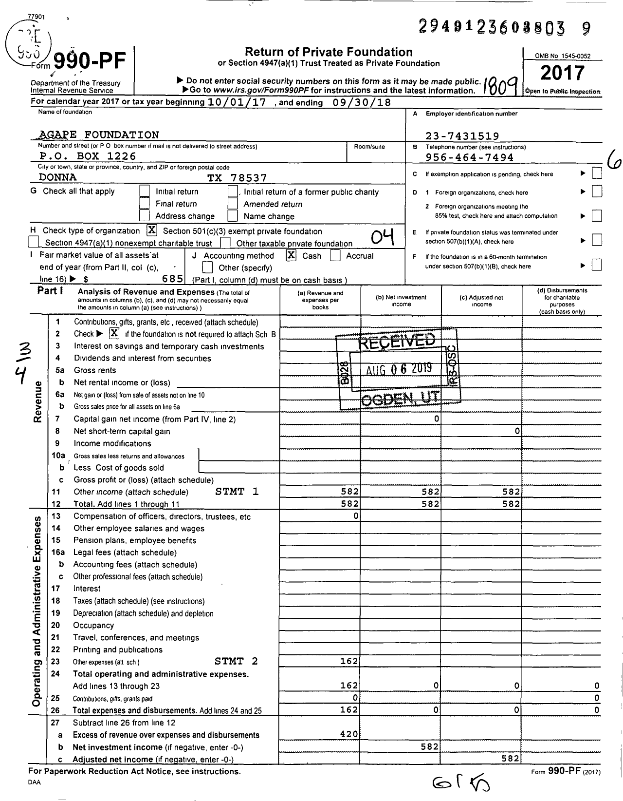 Image of first page of 2017 Form 990PF for Agape Foundation