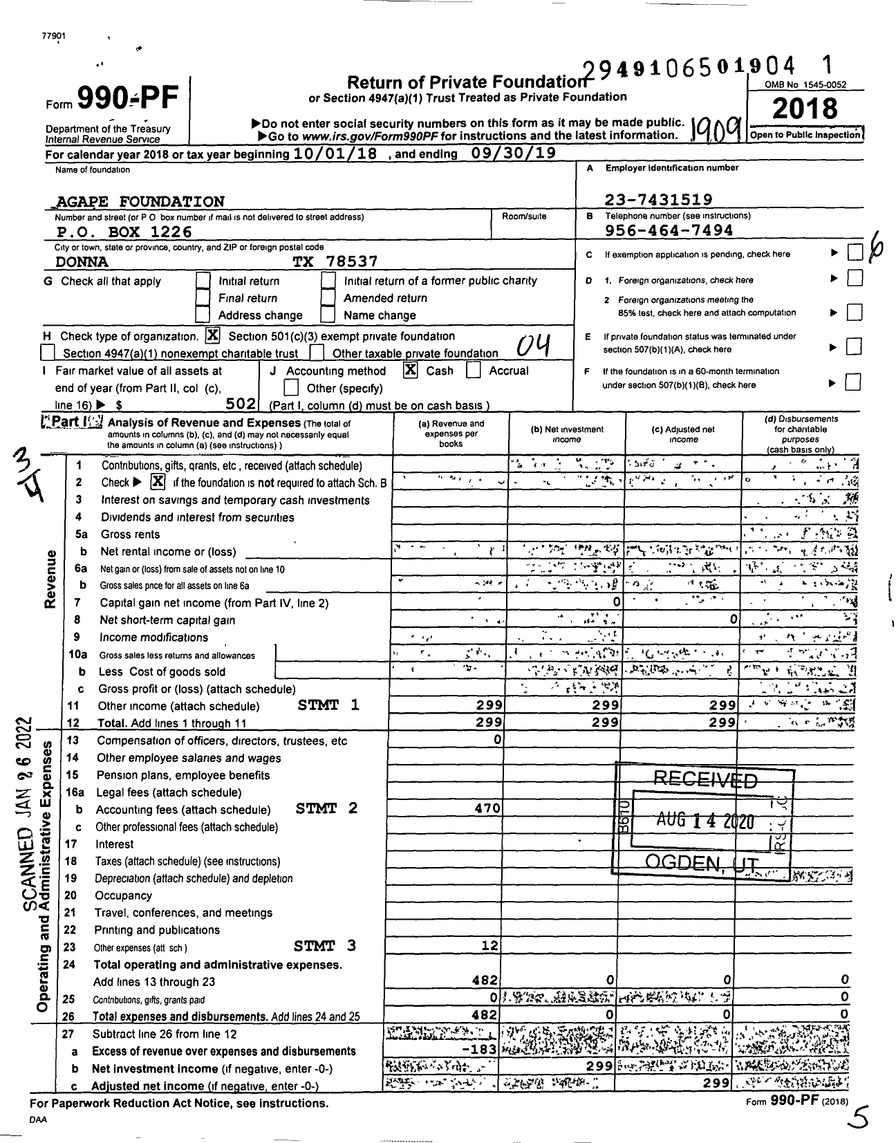 Image of first page of 2018 Form 990PF for Agape Foundation