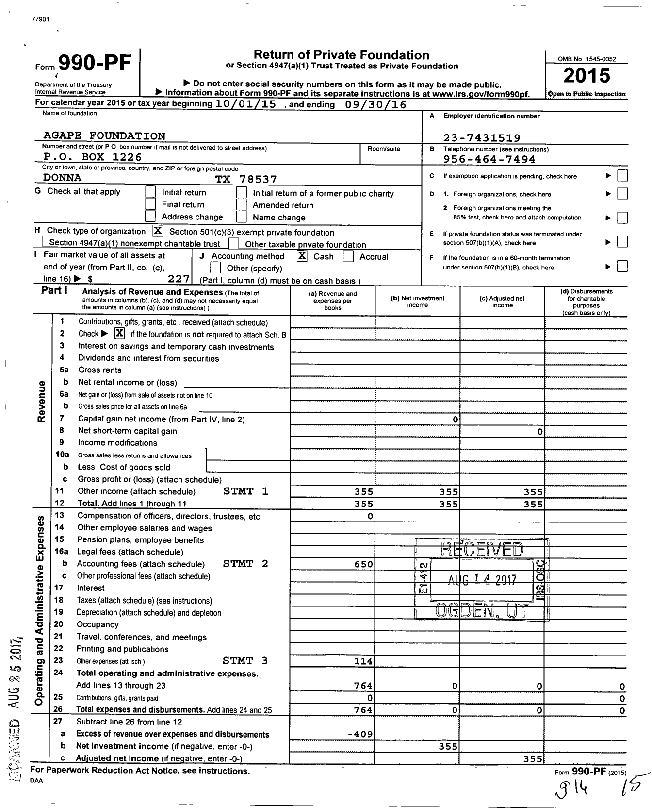 Image of first page of 2015 Form 990PF for Agape Foundation