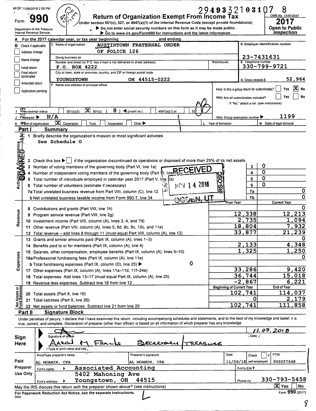 Image of first page of 2017 Form 990O for Fraternal Order of Police - 126 Austintown Lodge