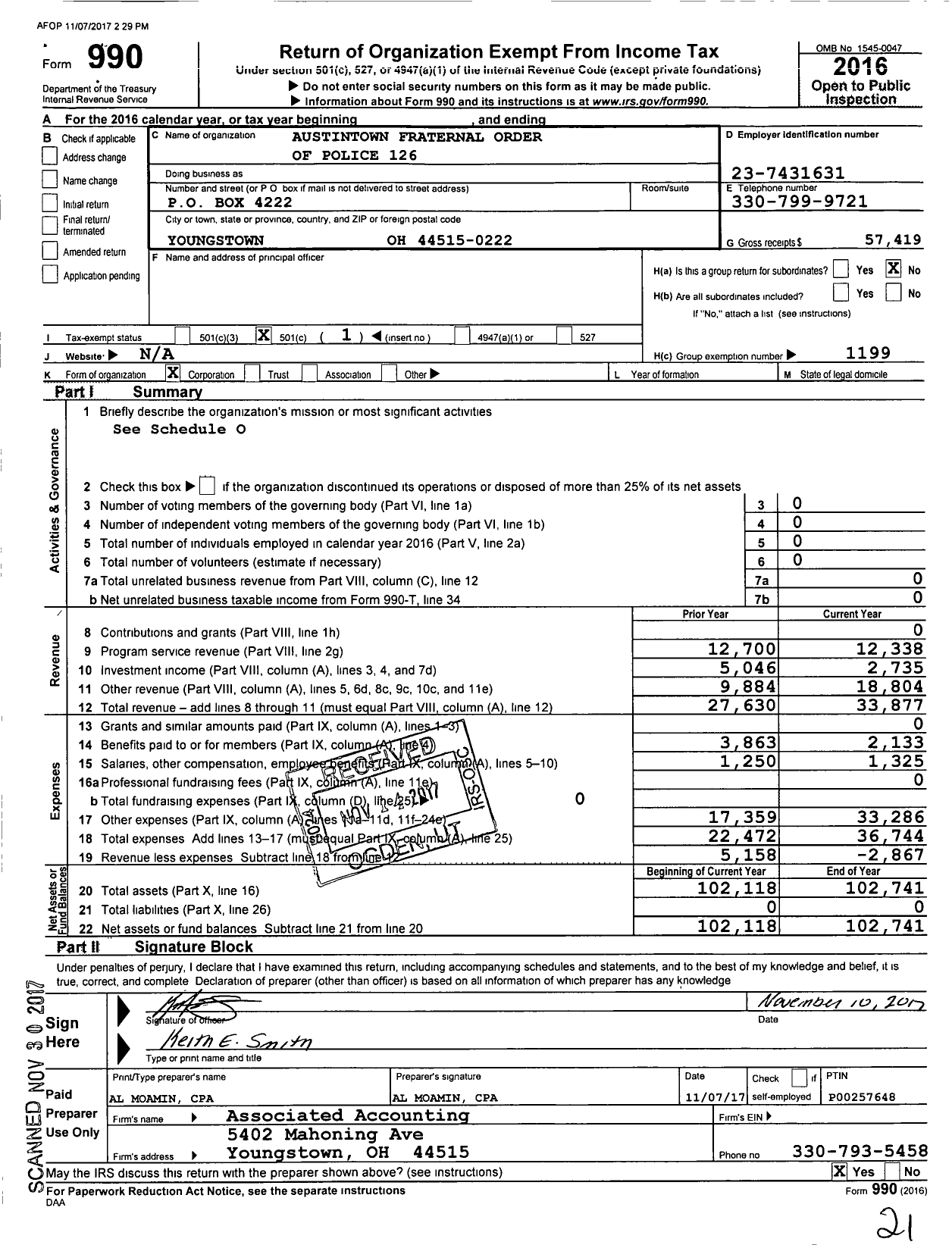 Image of first page of 2016 Form 990O for Fraternal Order of Police - 126 Austintown Lodge