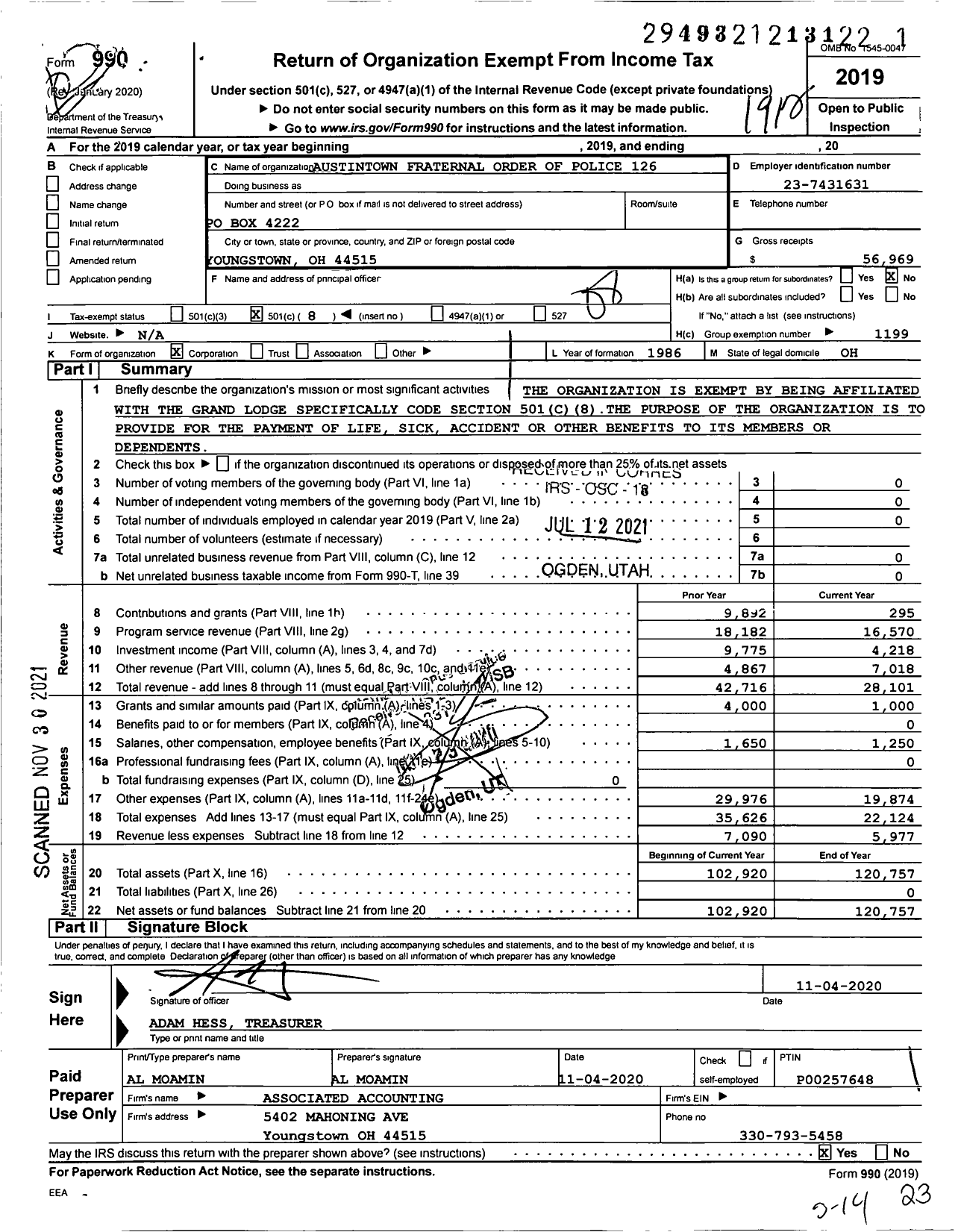 Image of first page of 2019 Form 990O for Fraternal Order of Police - 126 Austintown Lodge