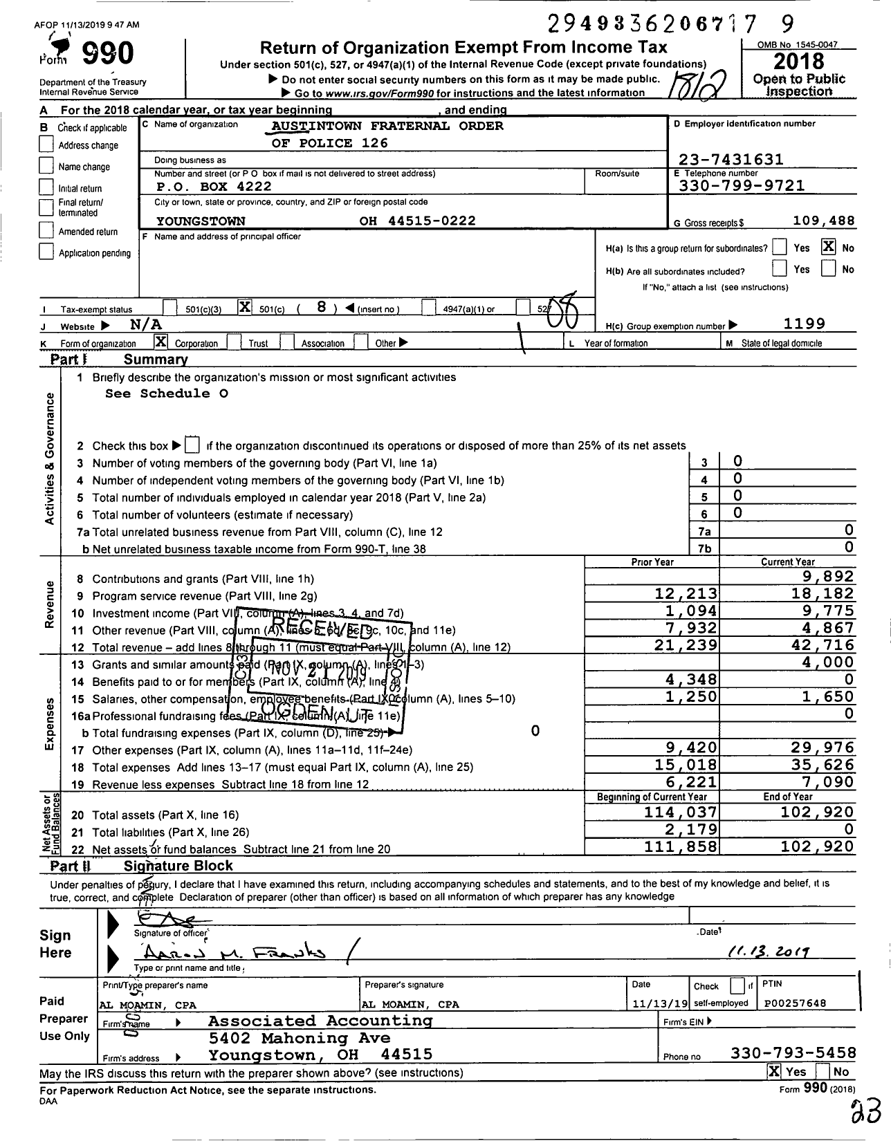 Image of first page of 2018 Form 990O for Fraternal Order of Police - 126 Austintown Lodge