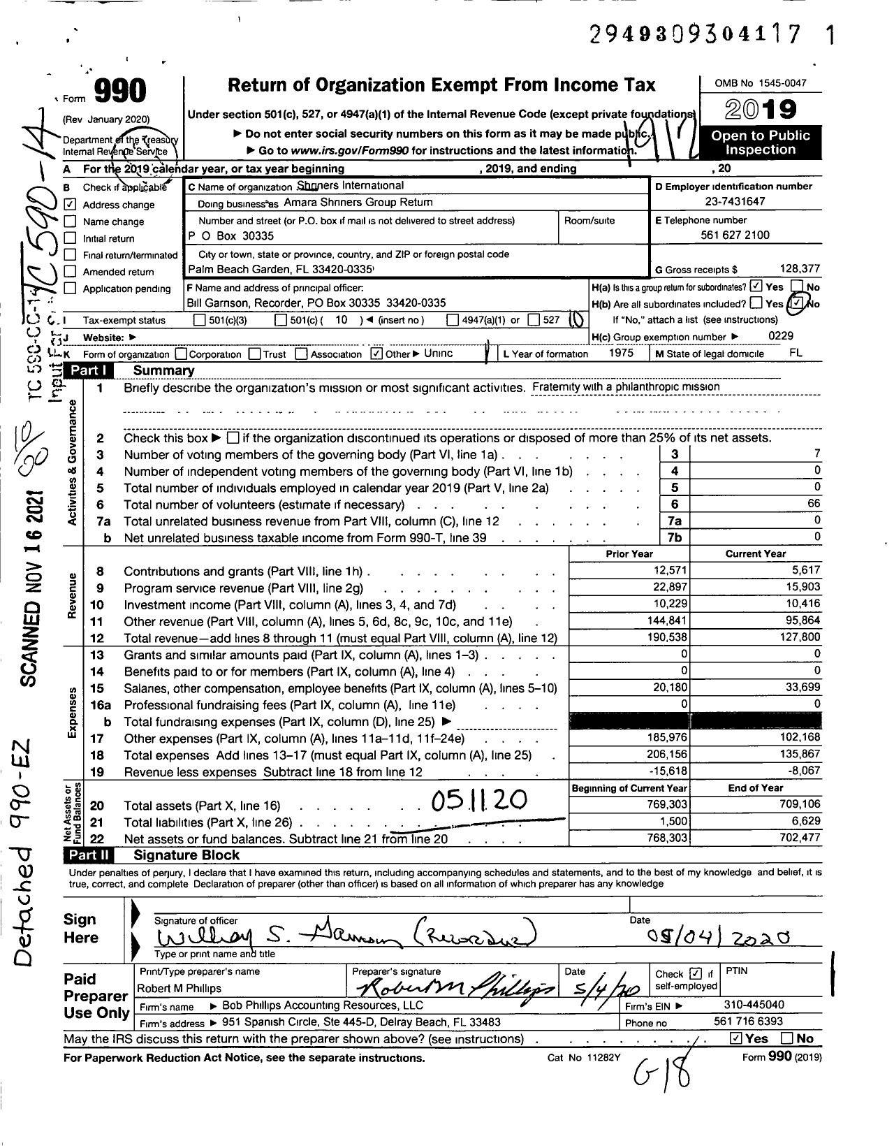 Image of first page of 2019 Form 990O for Shriners International - Amara Shriners Group Return