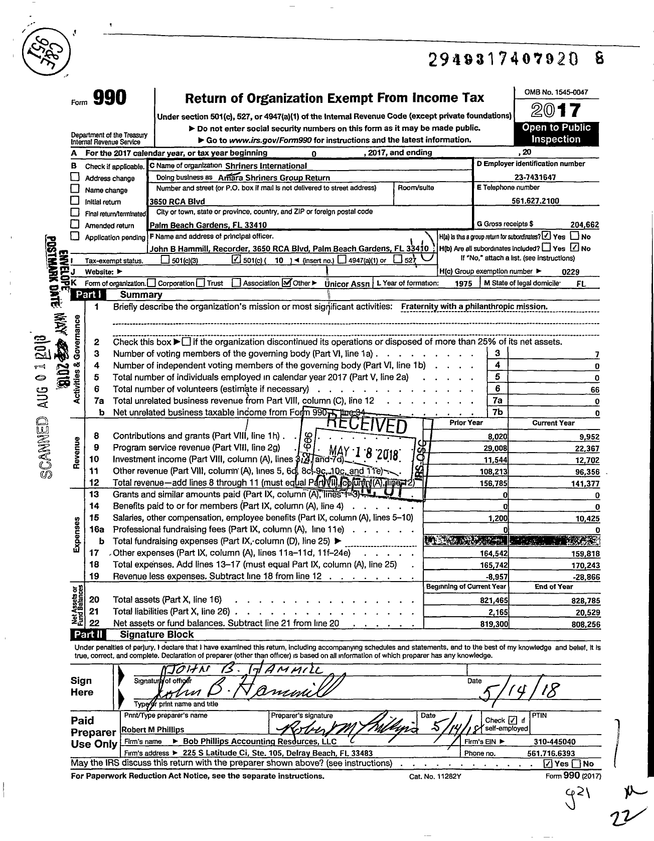 Image of first page of 2017 Form 990O for Shriners International - Amara Shriners Group Return