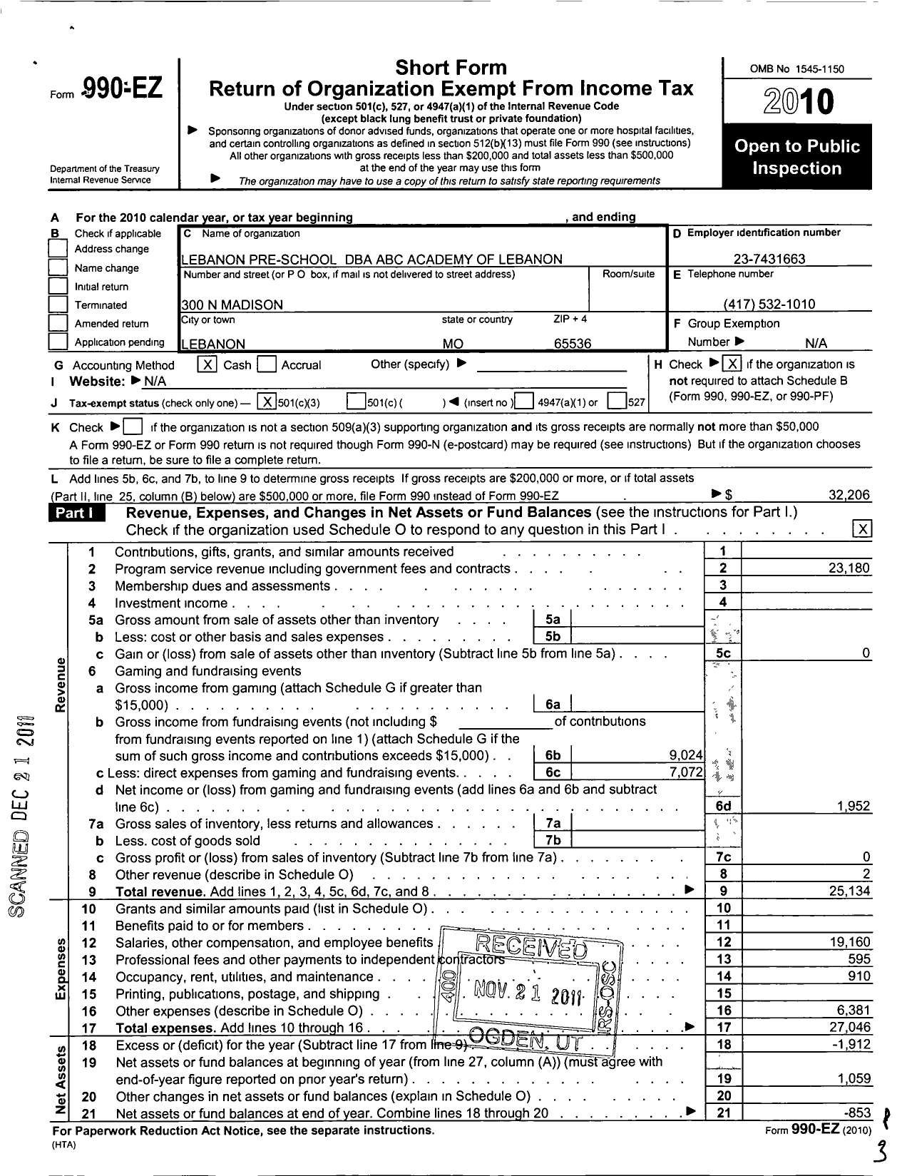 Image of first page of 2010 Form 990EZ for Abc Academy