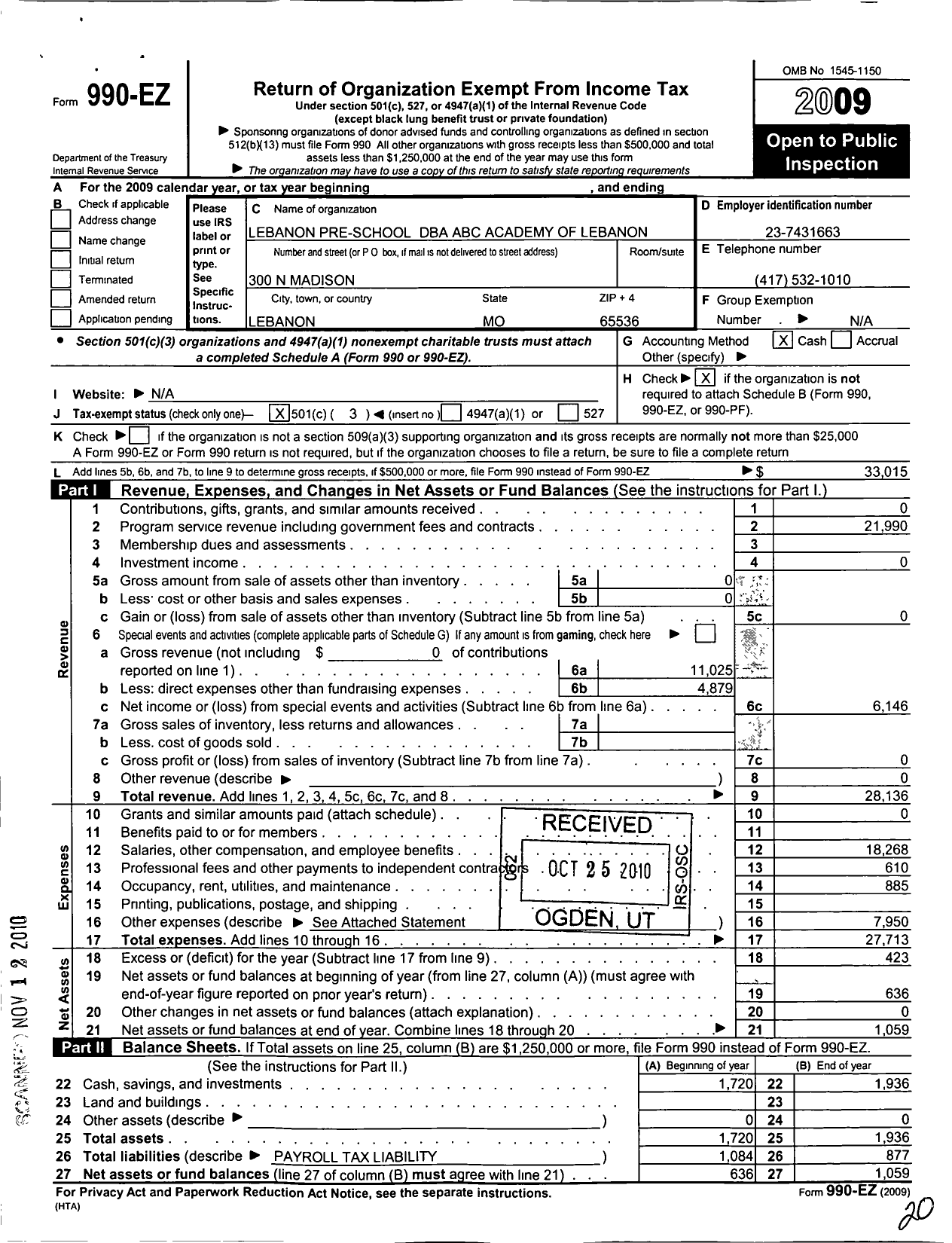 Image of first page of 2009 Form 990EZ for Abc Academy