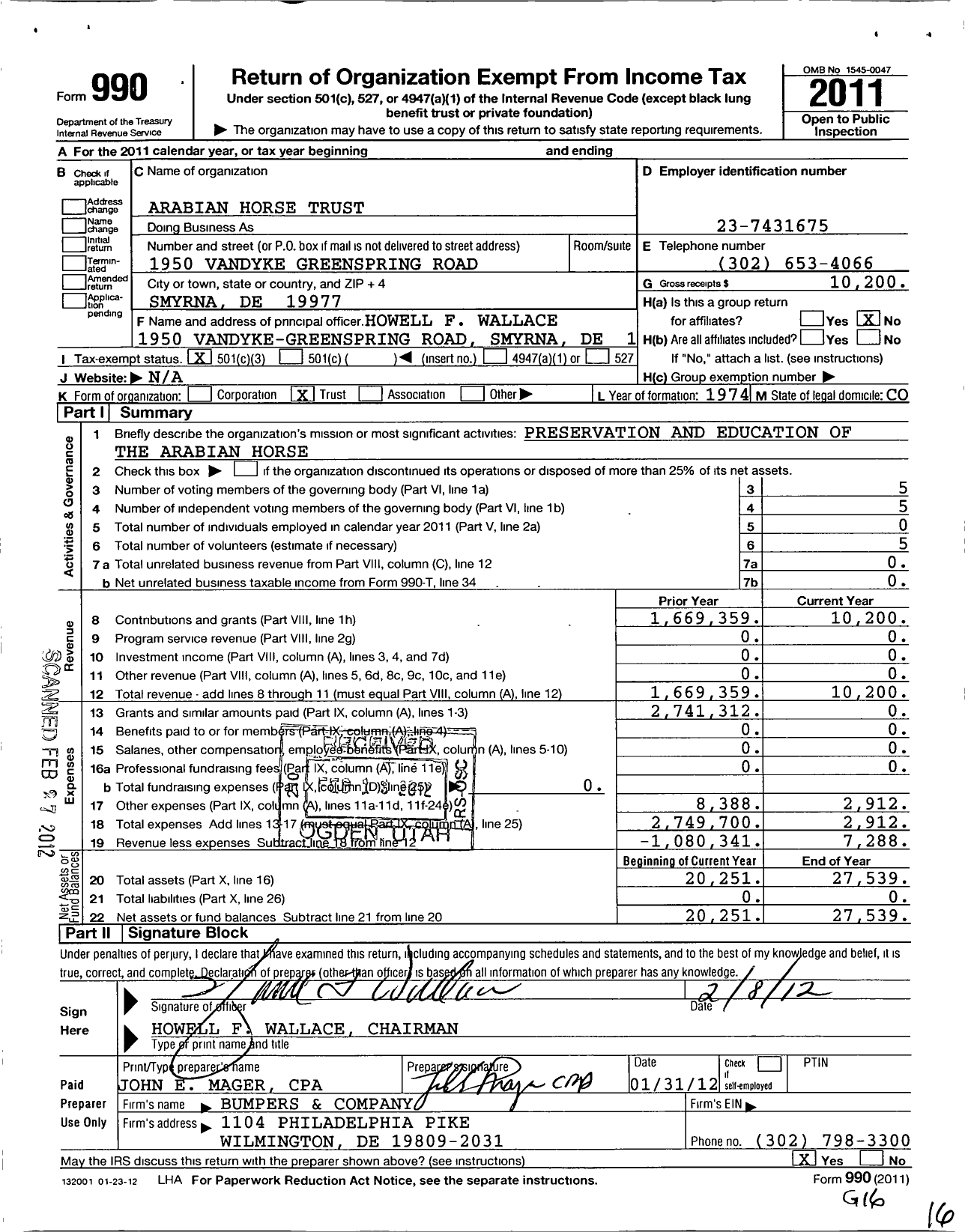 Image of first page of 2011 Form 990 for Arabian Horse Trust