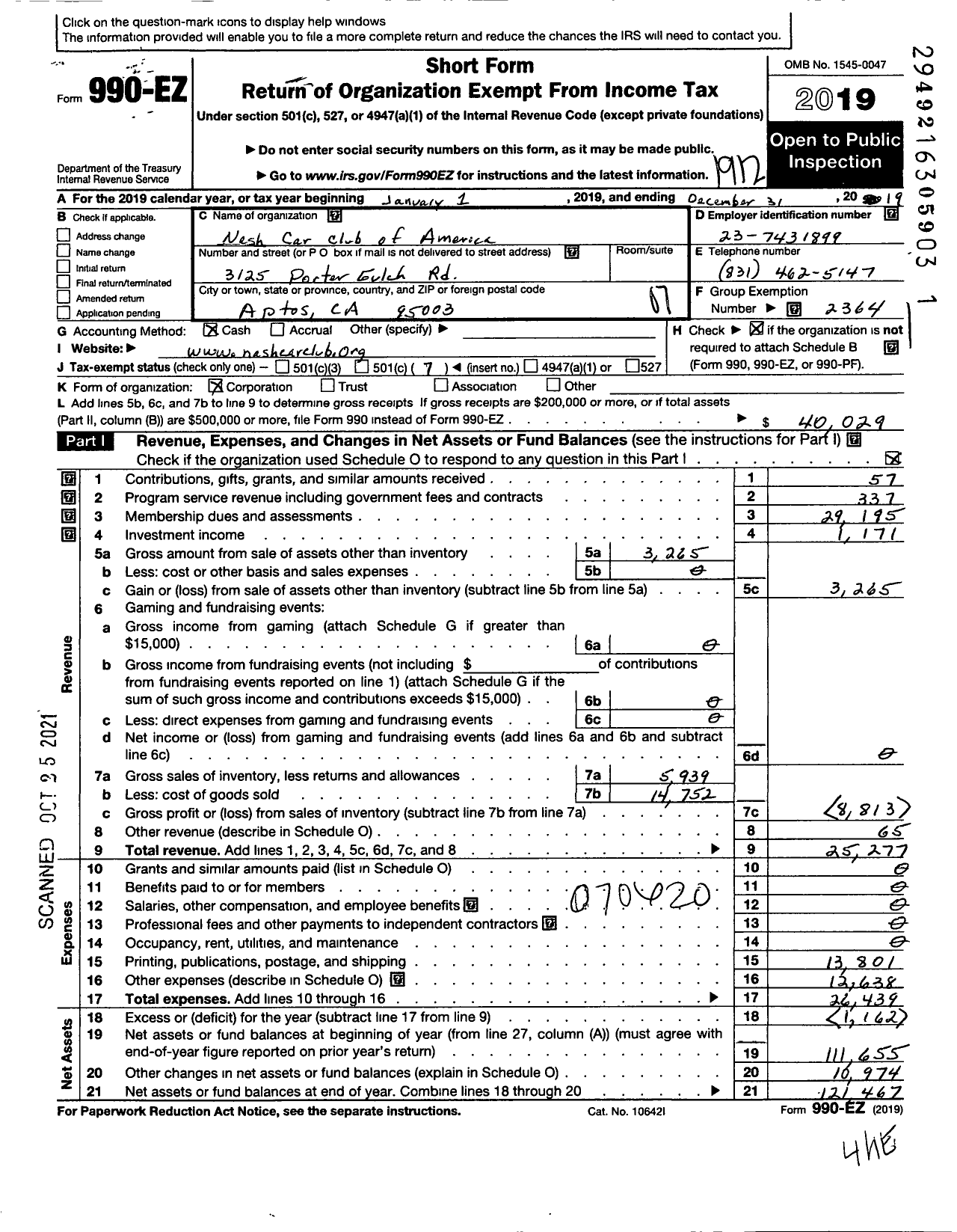 Image of first page of 2019 Form 990EO for Nash Car Club of America