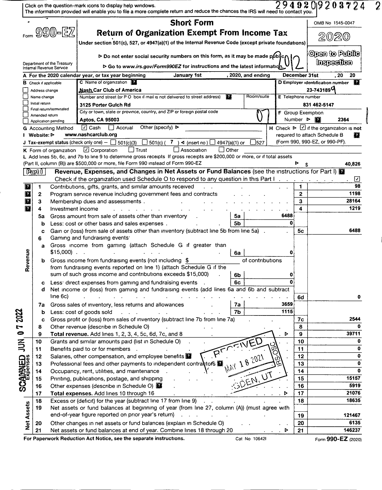 Image of first page of 2020 Form 990EO for Nash Car Club of America