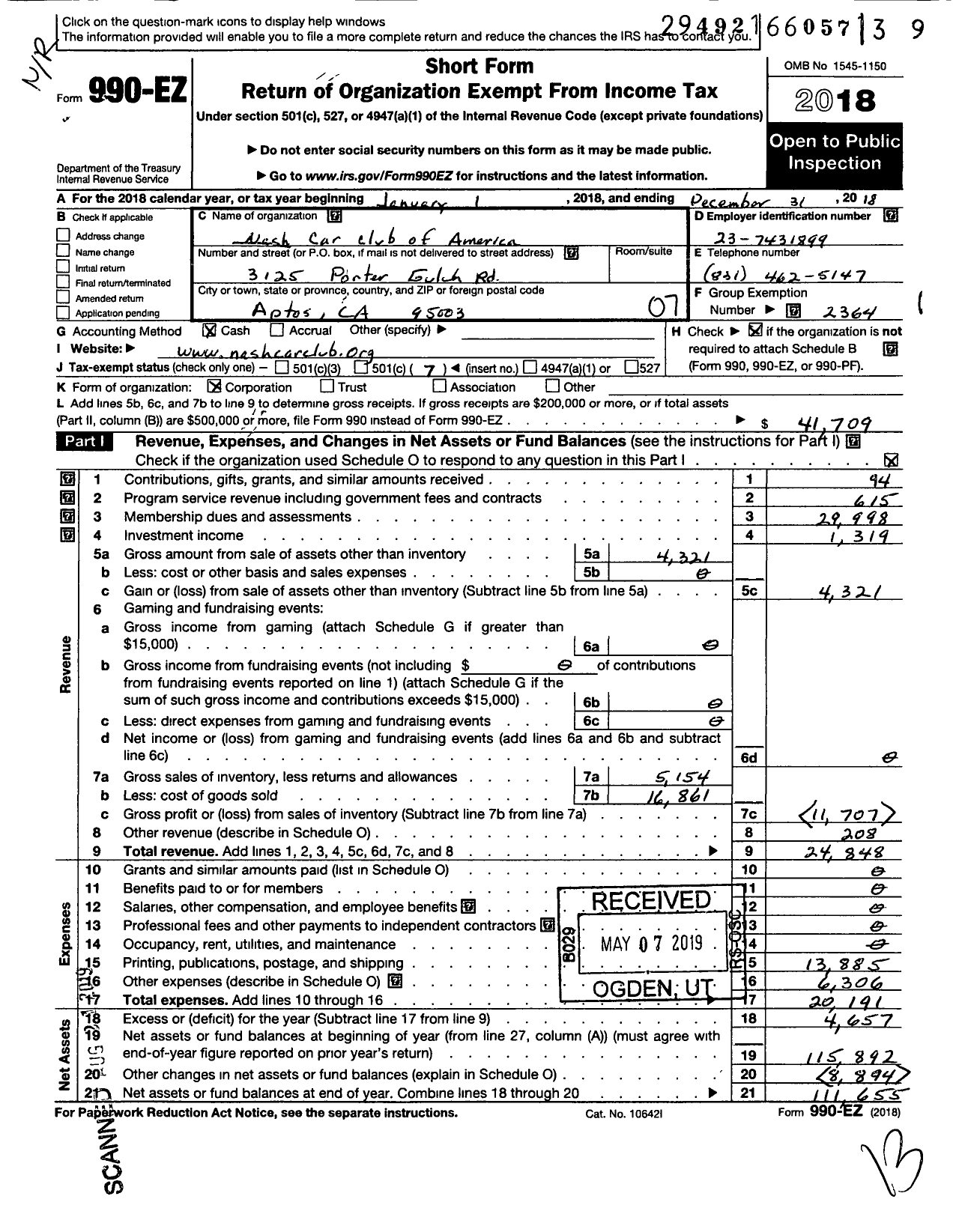 Image of first page of 2018 Form 990EO for Nash Car Club of America