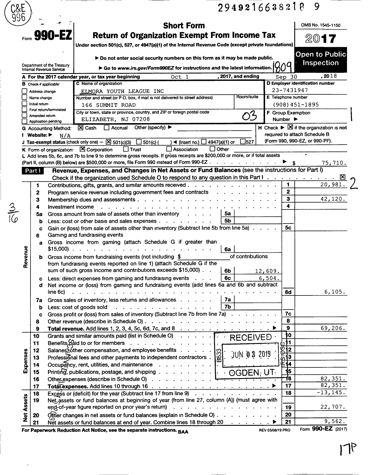 Image of first page of 2017 Form 990EZ for Elmora Youth League