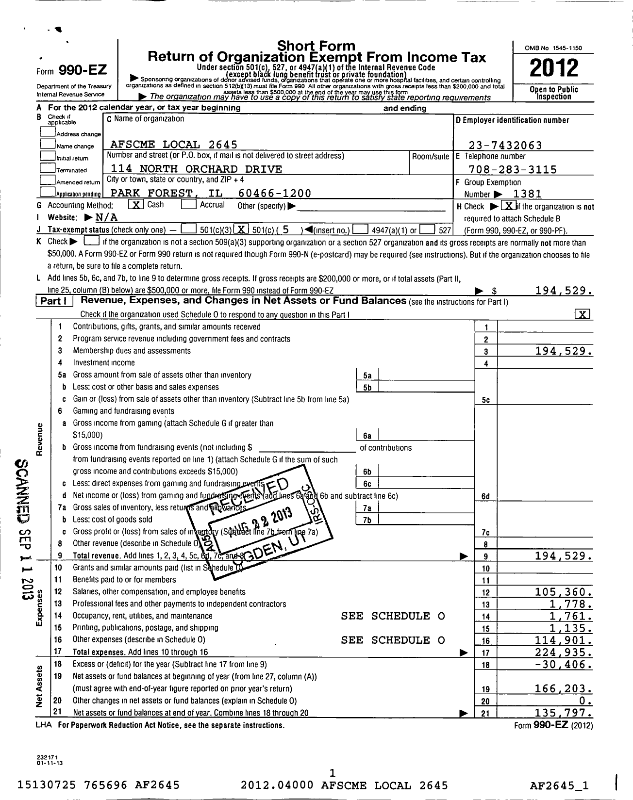 Image of first page of 2012 Form 990EO for American Federation of State County & Municipal Employees - 2645 Il Loc Elizabeth Ludeman Mntal