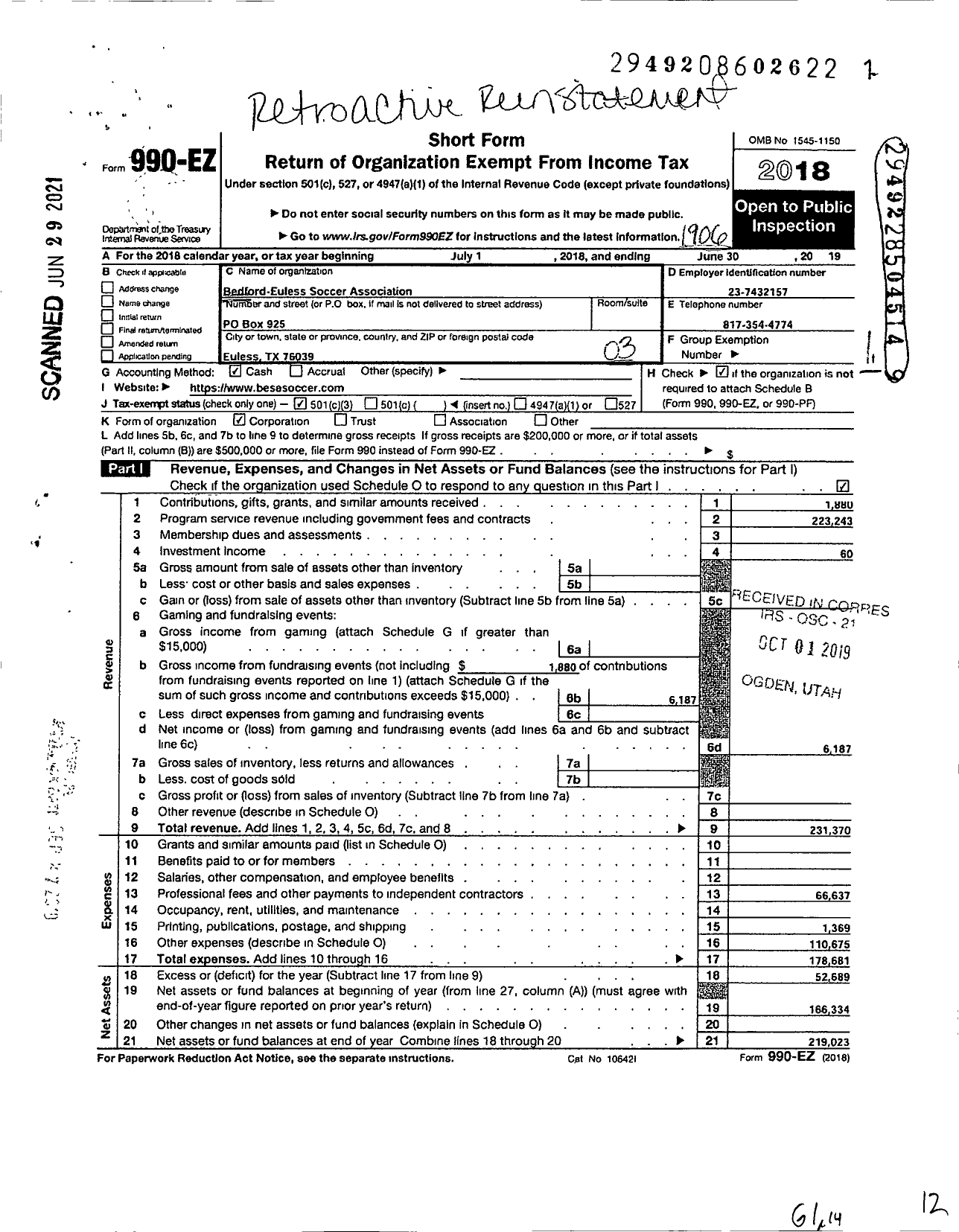 Image of first page of 2018 Form 990EZ for Bedford-Euless Soccer Association