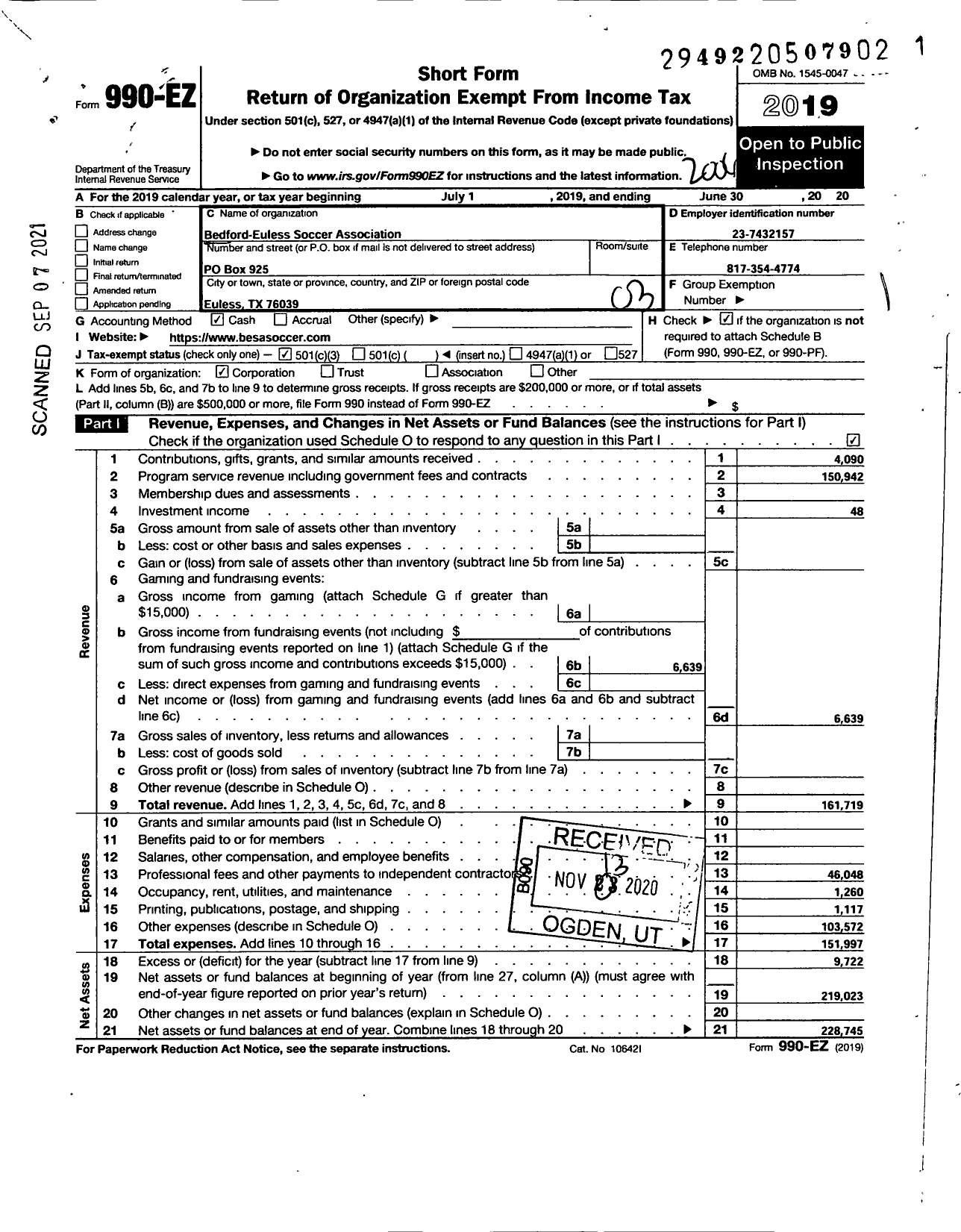 Image of first page of 2019 Form 990EZ for Bedford-Euless Soccer Association