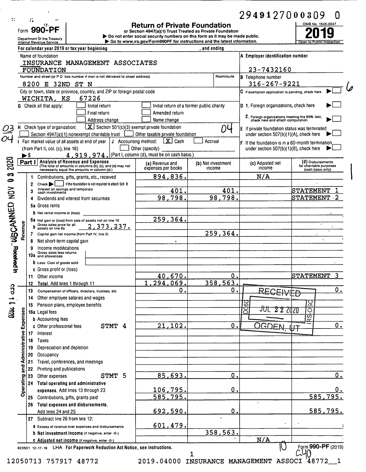 Image of first page of 2019 Form 990PF for Ima Foundation