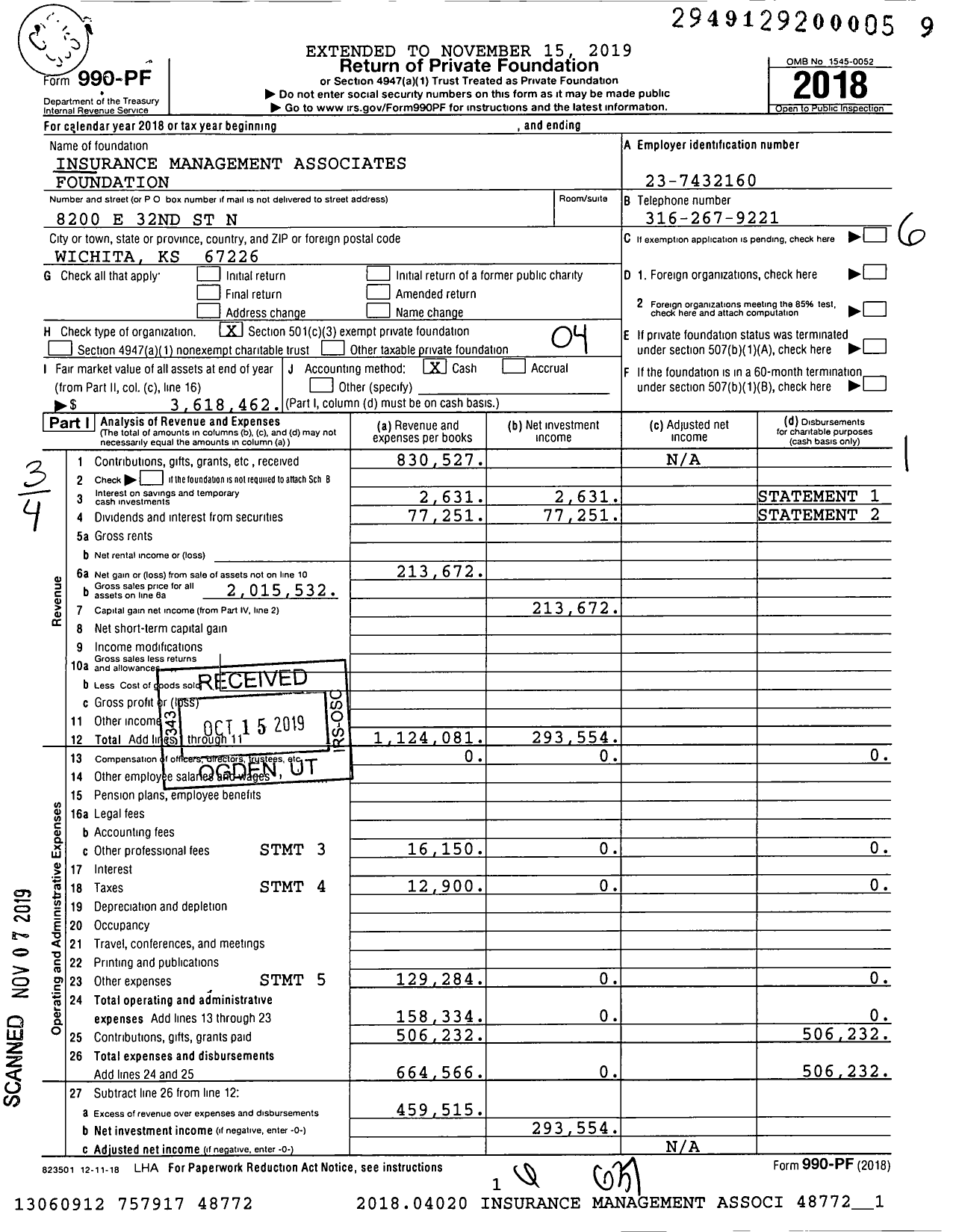 Image of first page of 2018 Form 990PF for Ima Foundation