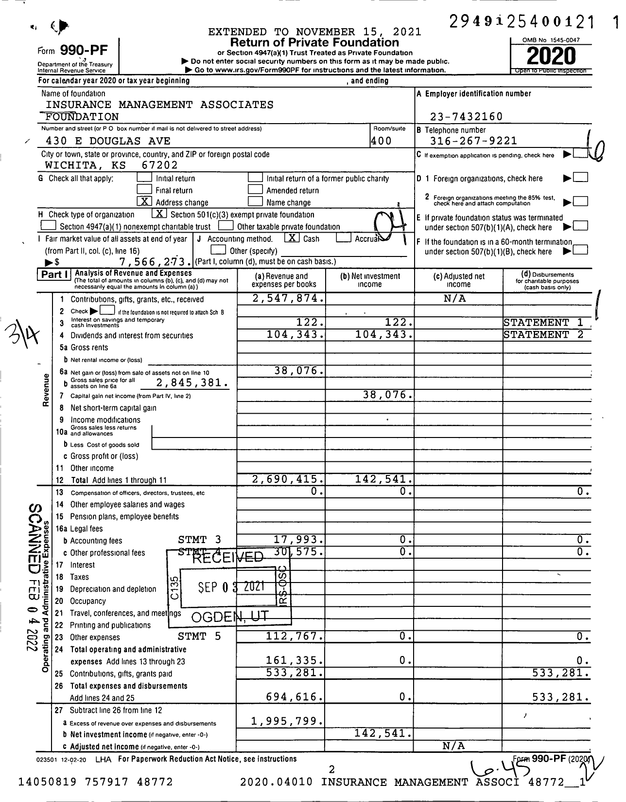 Image of first page of 2020 Form 990PF for Ima Foundation