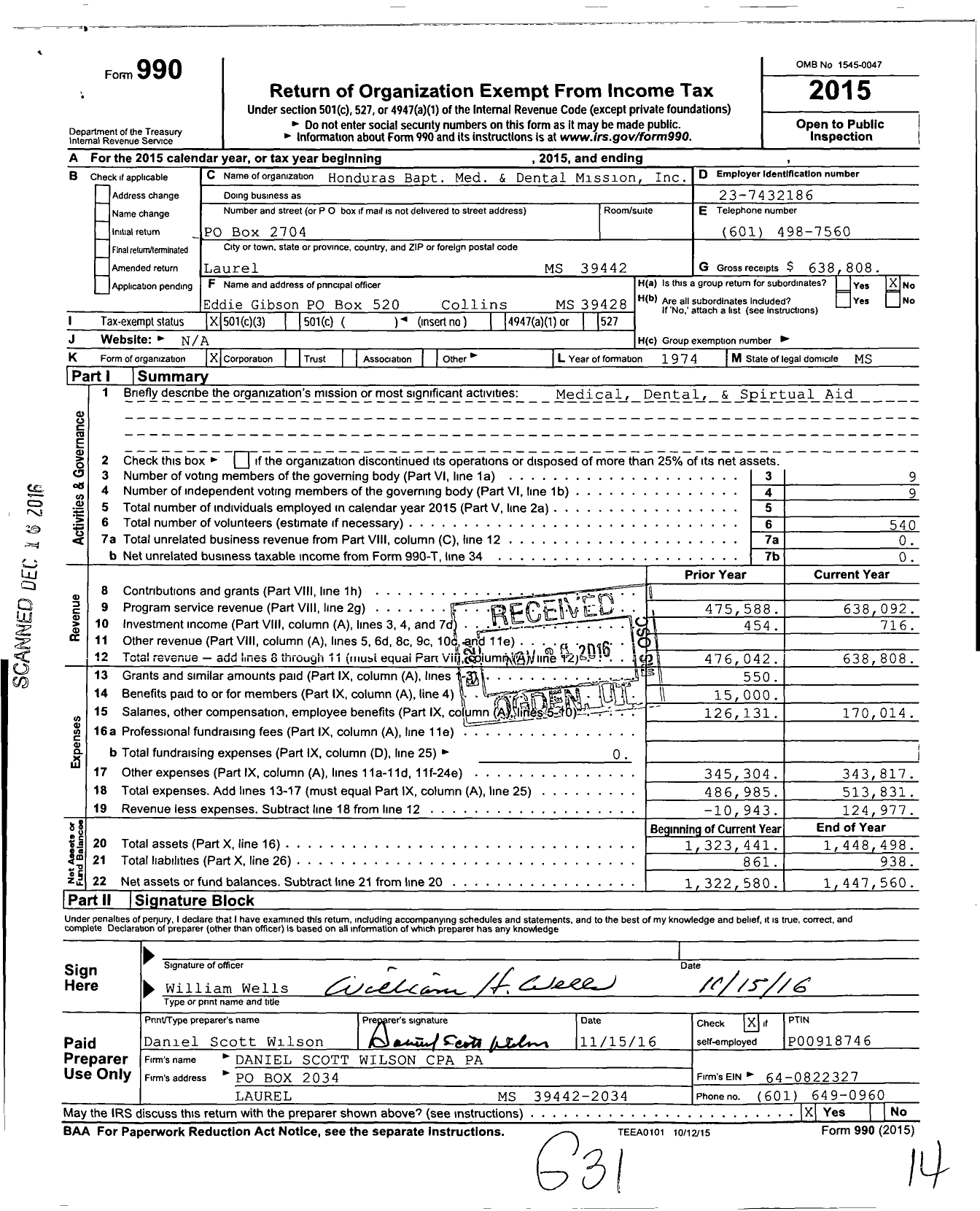 Image of first page of 2015 Form 990 for Honduras Bapt Med and Dental Mission