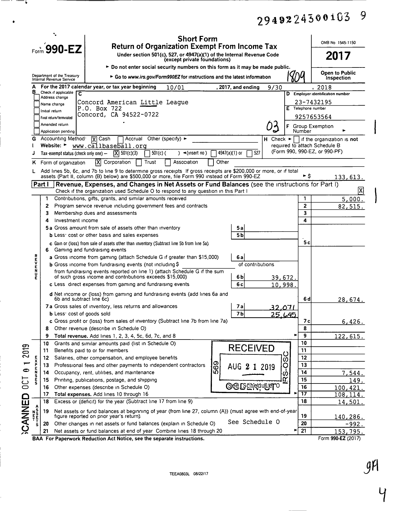 Image of first page of 2017 Form 990EZ for LITTLE LEAGUE BASEBALL - 4050404 Concord American LL