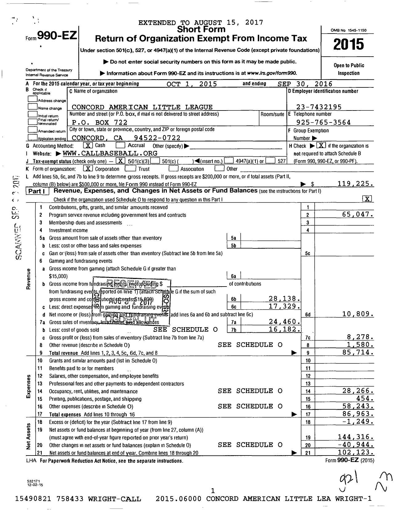 Image of first page of 2015 Form 990EZ for LITTLE LEAGUE BASEBALL - 4050404 Concord American LL