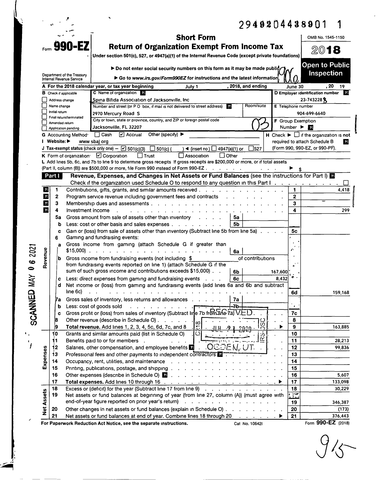 Image of first page of 2018 Form 990EZ for Spina Bifida Association of Jacksonville