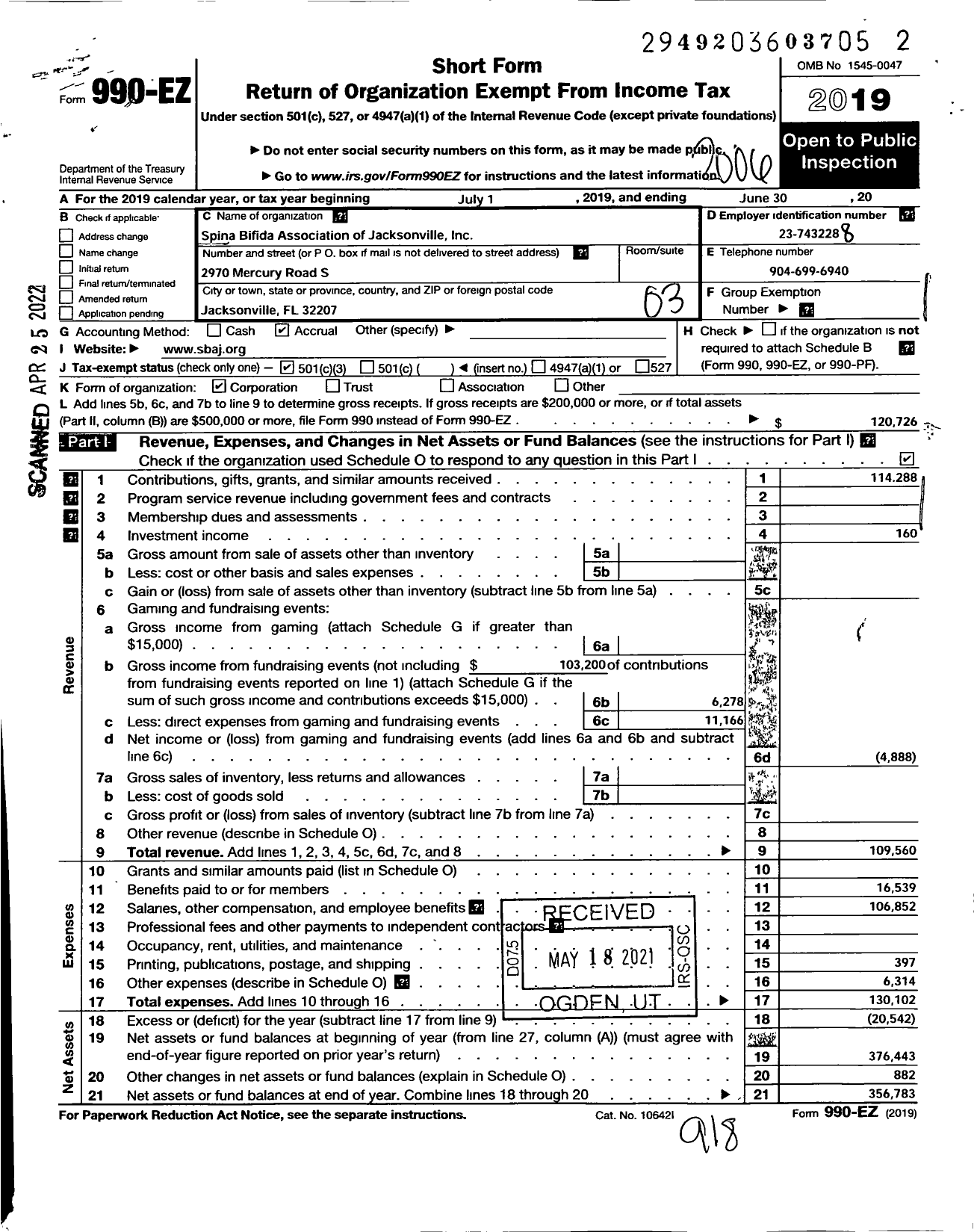 Image of first page of 2019 Form 990EZ for Spina Bifida Association of Jacksonville