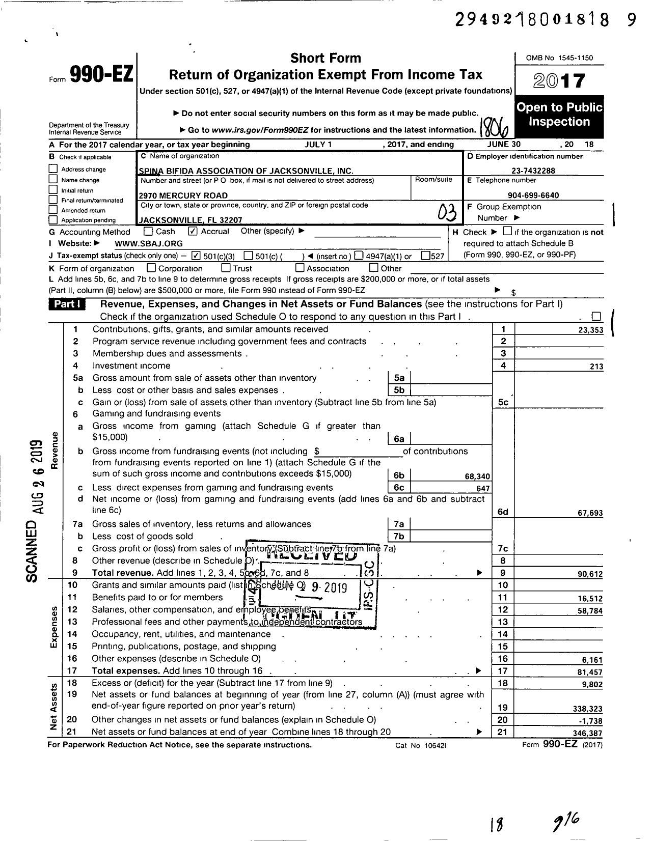 Image of first page of 2017 Form 990EZ for Spina Bifida Association of Jacksonville