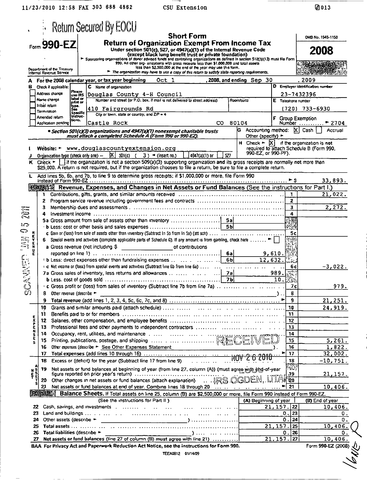 Image of first page of 2008 Form 990EZ for Colorado 4-H Foundation / Douglas County 4-H Council