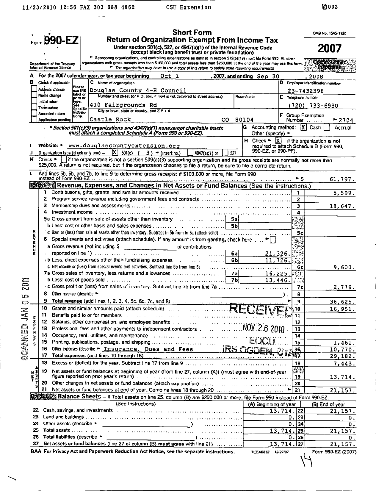 Image of first page of 2007 Form 990EZ for Colorado 4-H Foundation / Douglas County 4-H Council