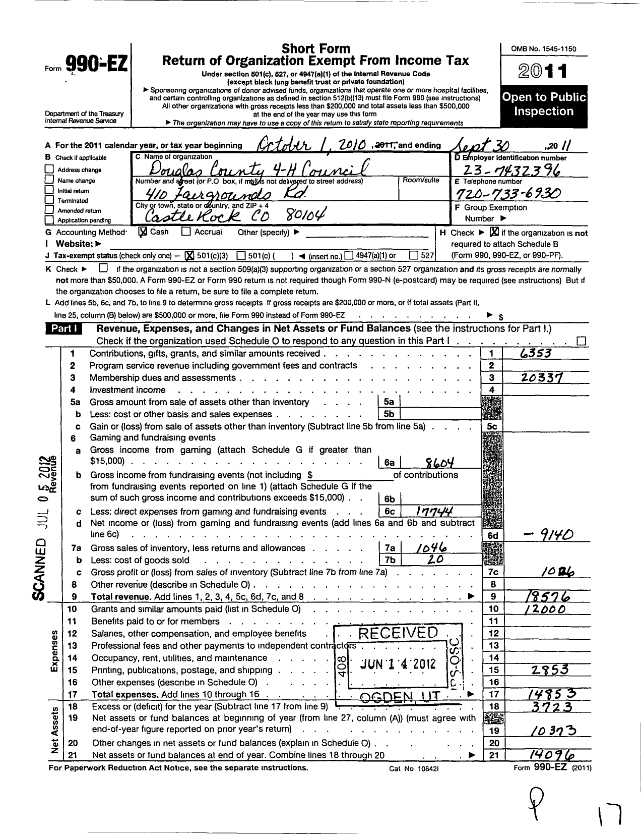 Image of first page of 2010 Form 990EZ for Colorado 4-H Foundation / Douglas County 4-H Council