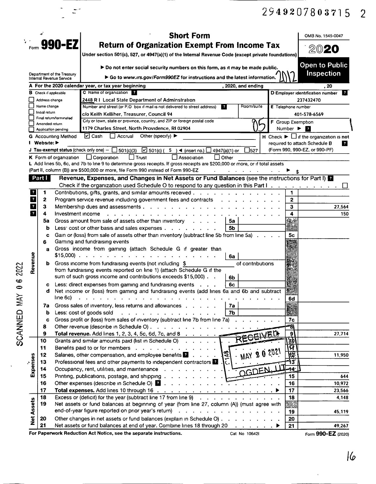 Image of first page of 2020 Form 990EO for American Federation of State County & Municipal Employees - L2448ri Ri State Dept of Admin