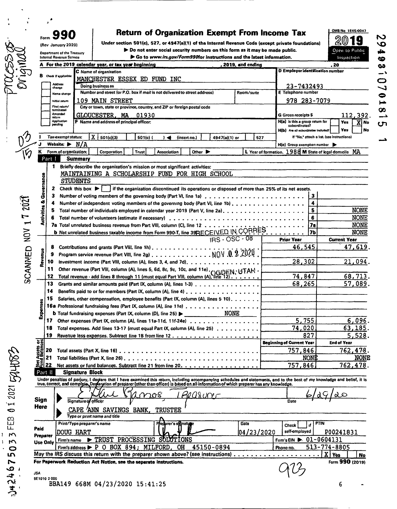 Image of first page of 2019 Form 990 for Manchester Essex Education Fund