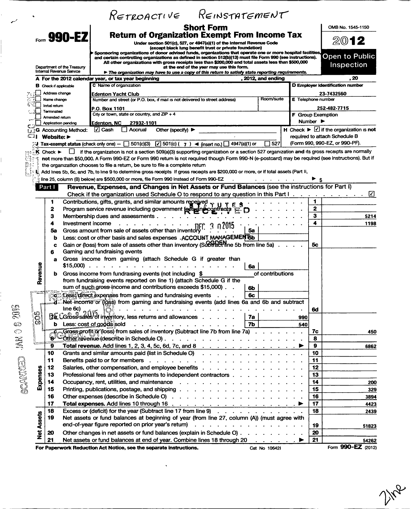 Image of first page of 2012 Form 990EO for Edenton Yacht Club