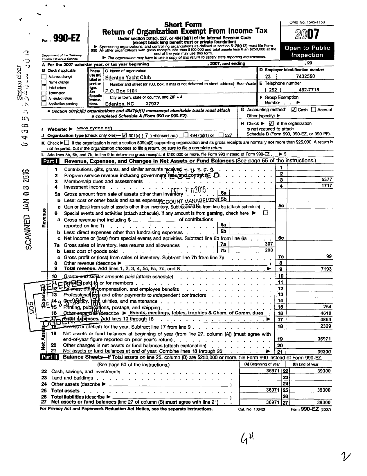 Image of first page of 2007 Form 990EO for Edenton Yacht Club