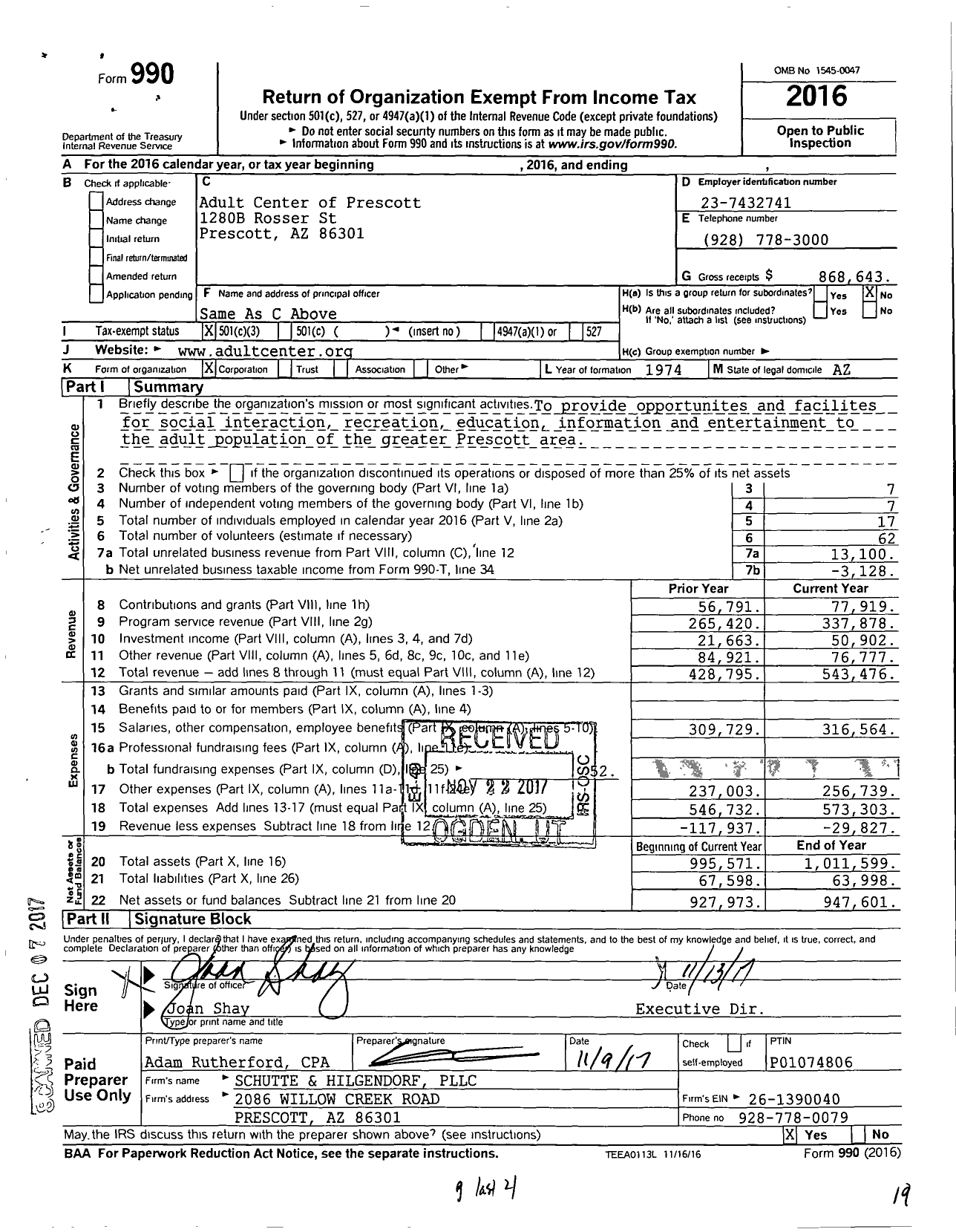 Image of first page of 2016 Form 990 for Adult Center of Prescott
