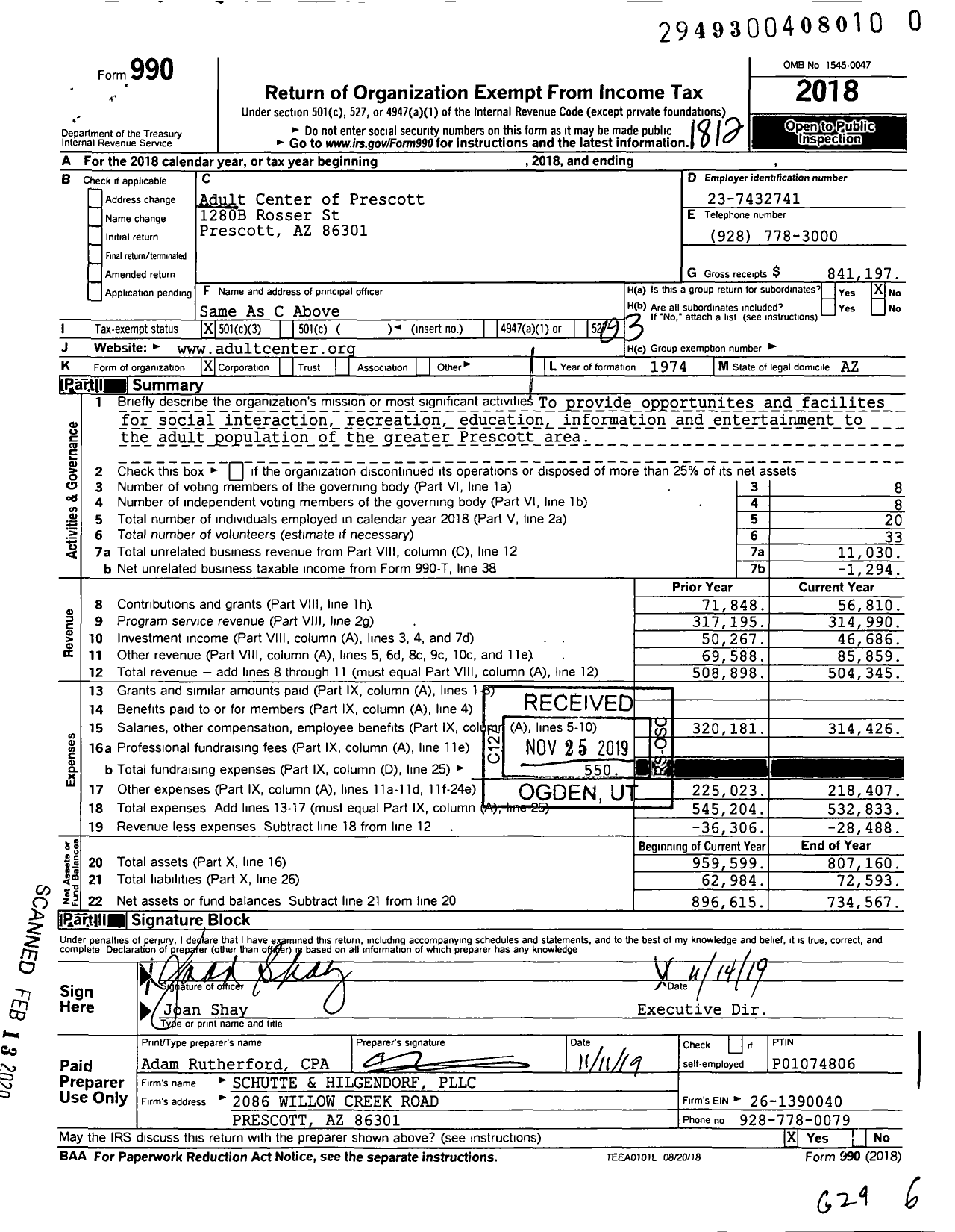 Image of first page of 2018 Form 990 for Adult Center of Prescott