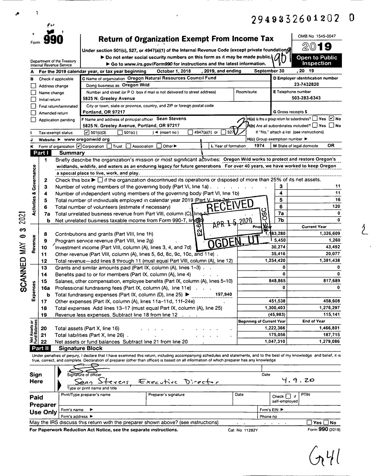 Image of first page of 2018 Form 990 for Oregon Natural Resources Council Fund Oregon Wild
