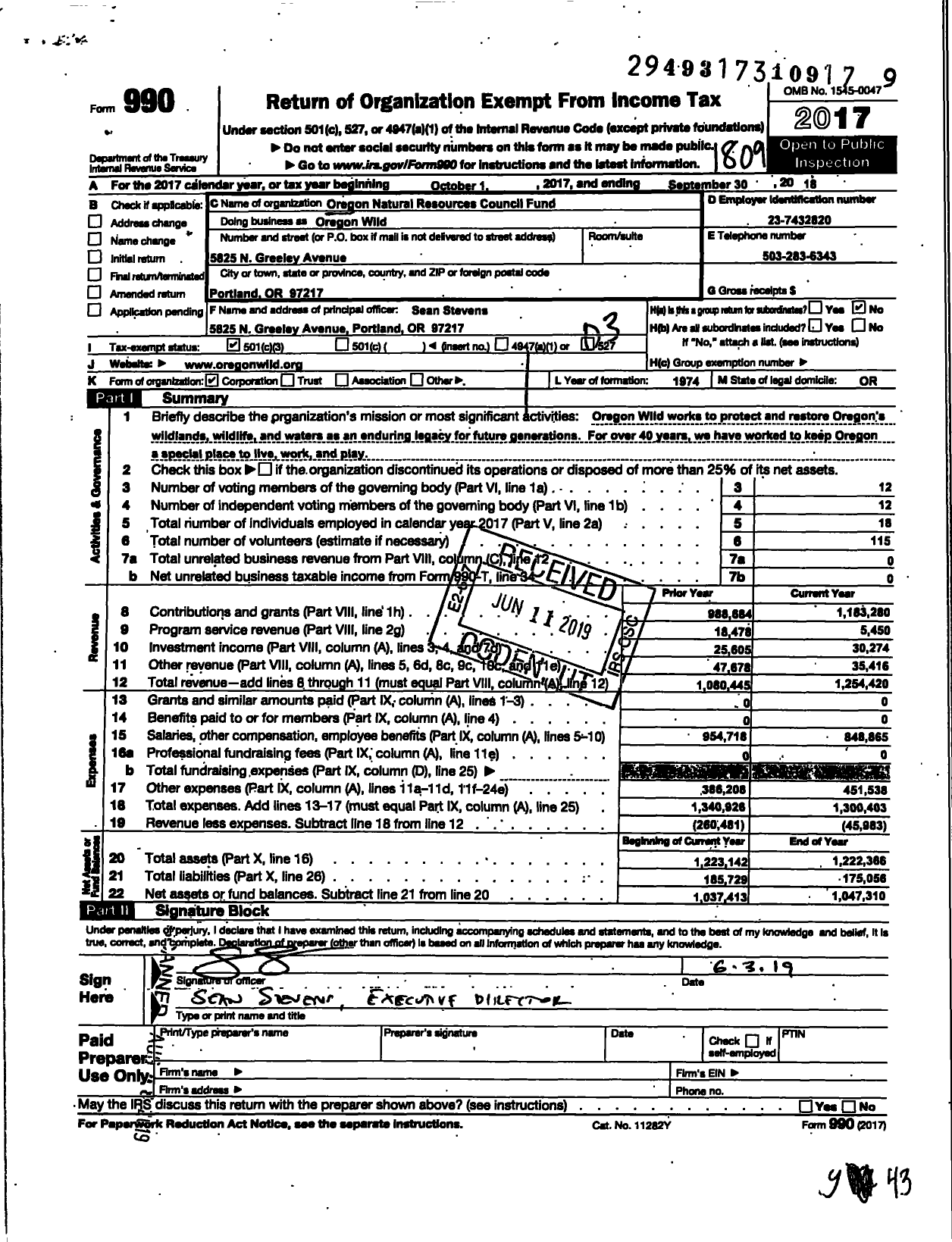 Image of first page of 2017 Form 990 for Oregon Natural Resources Council Fund Oregon Wild