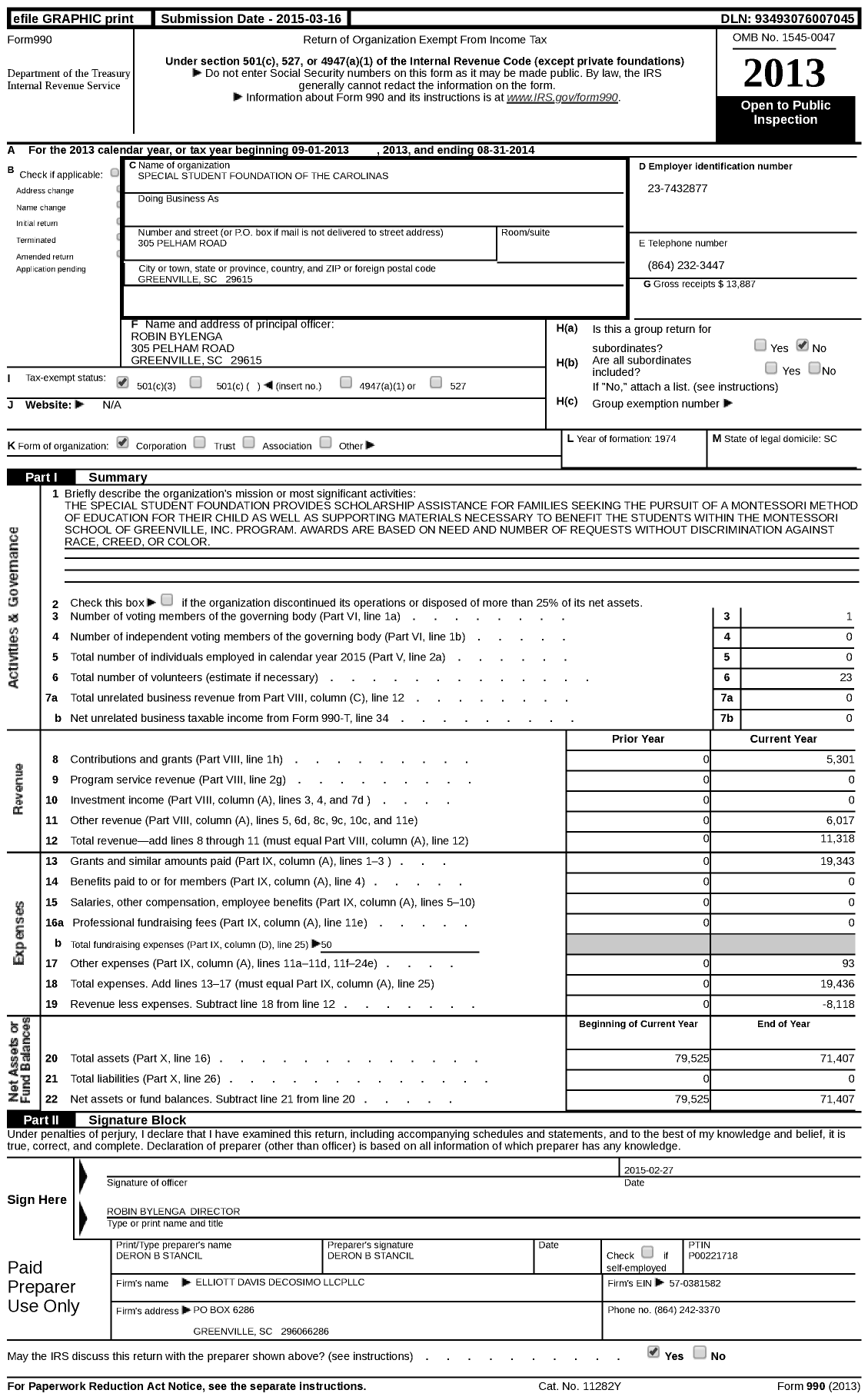 Image of first page of 2013 Form 990 for Special Student Foundation of the Carolinas