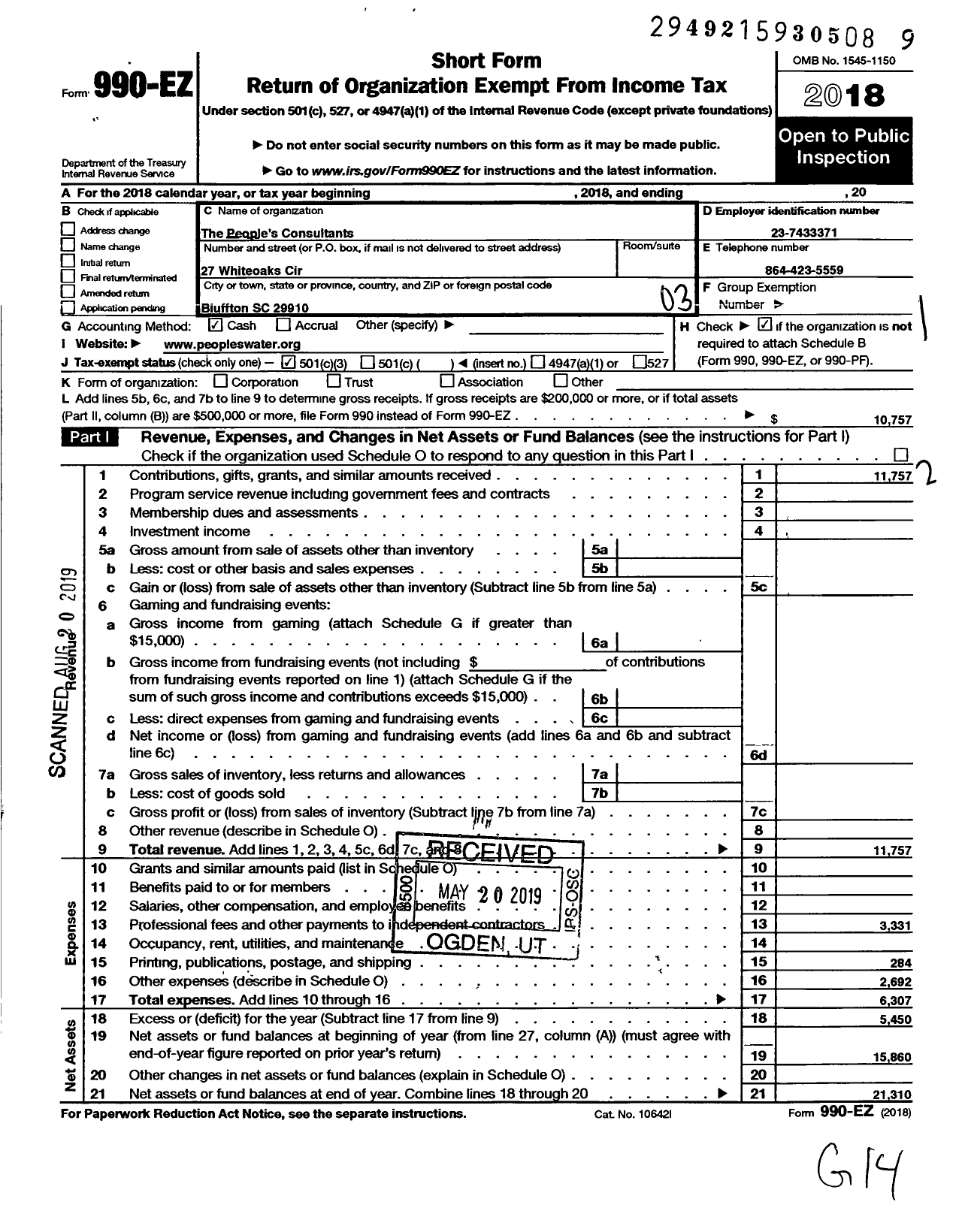 Image of first page of 2018 Form 990EZ for Peoples Consultants