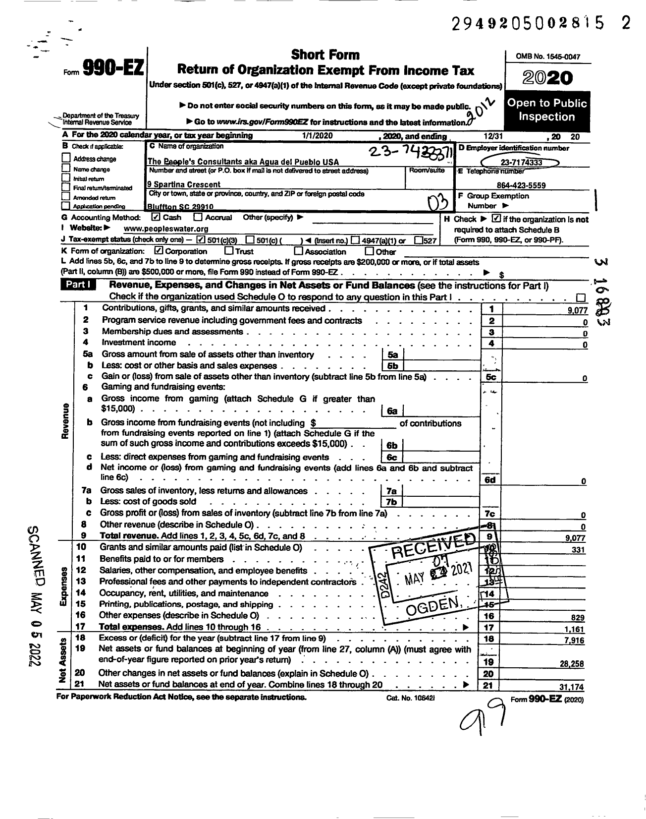 Image of first page of 2020 Form 990EZ for Peoples Consultants