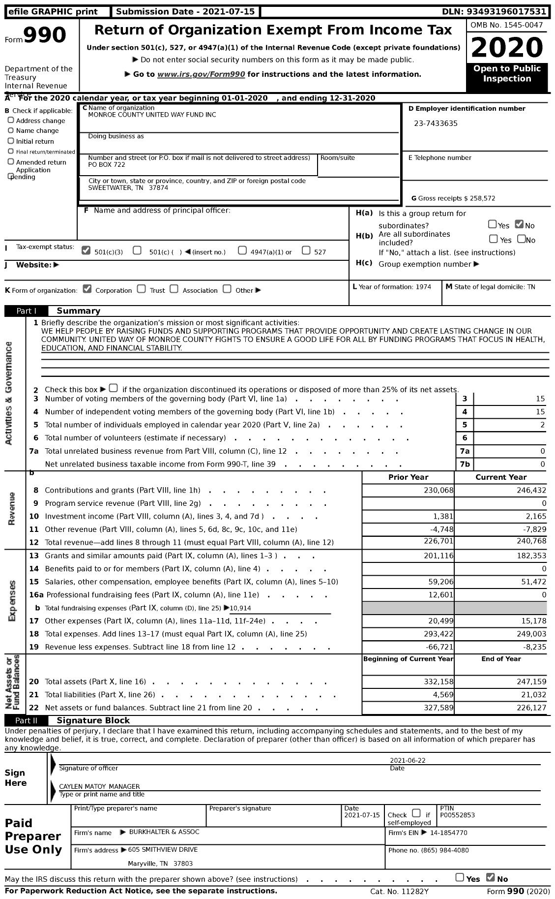 Image of first page of 2020 Form 990 for Monroe County United Way Fund