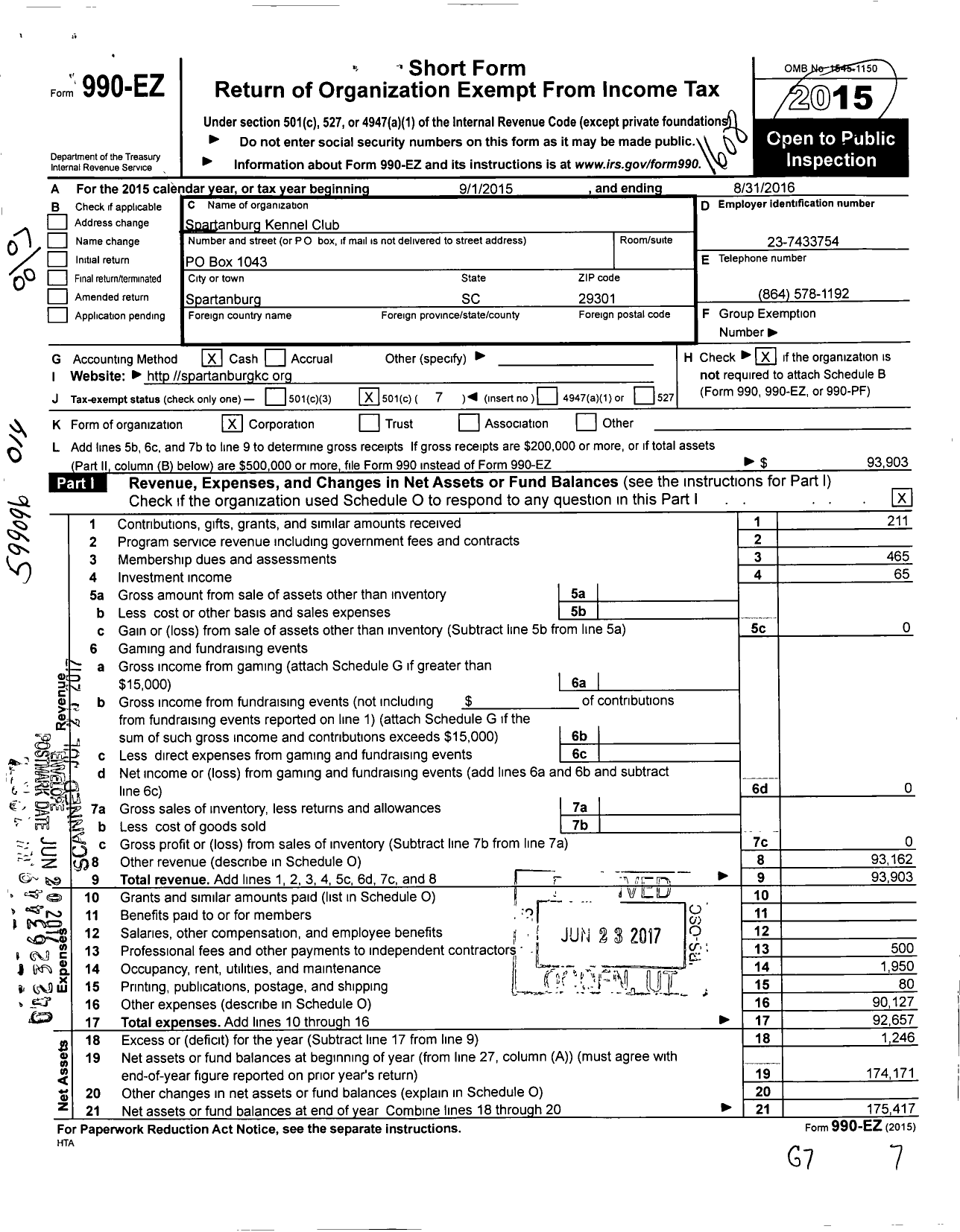 Image of first page of 2015 Form 990EO for Spartanburg Kennel Club