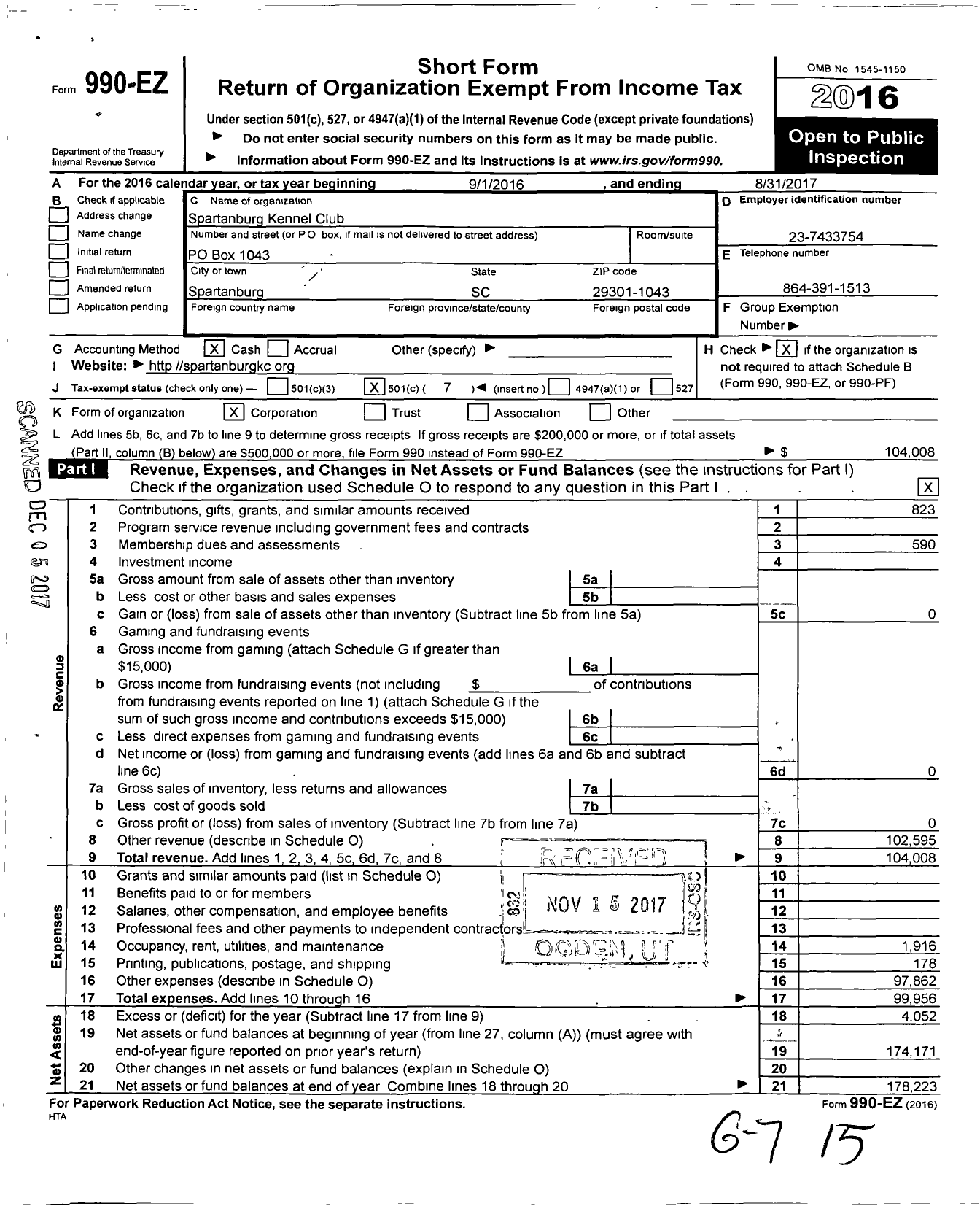 Image of first page of 2016 Form 990EO for Spartanburg Kennel Club