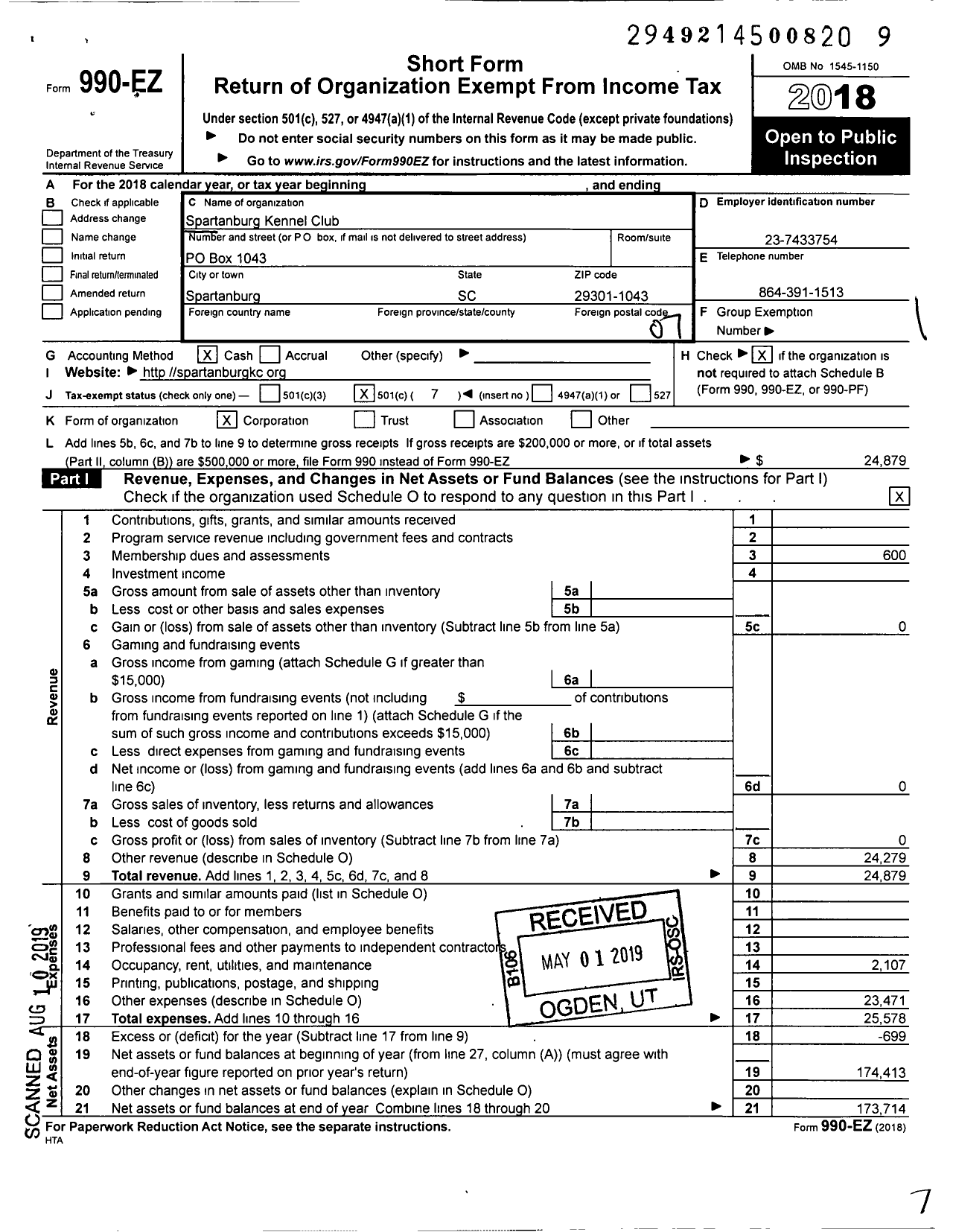 Image of first page of 2018 Form 990EO for Spartanburg Kennel Club