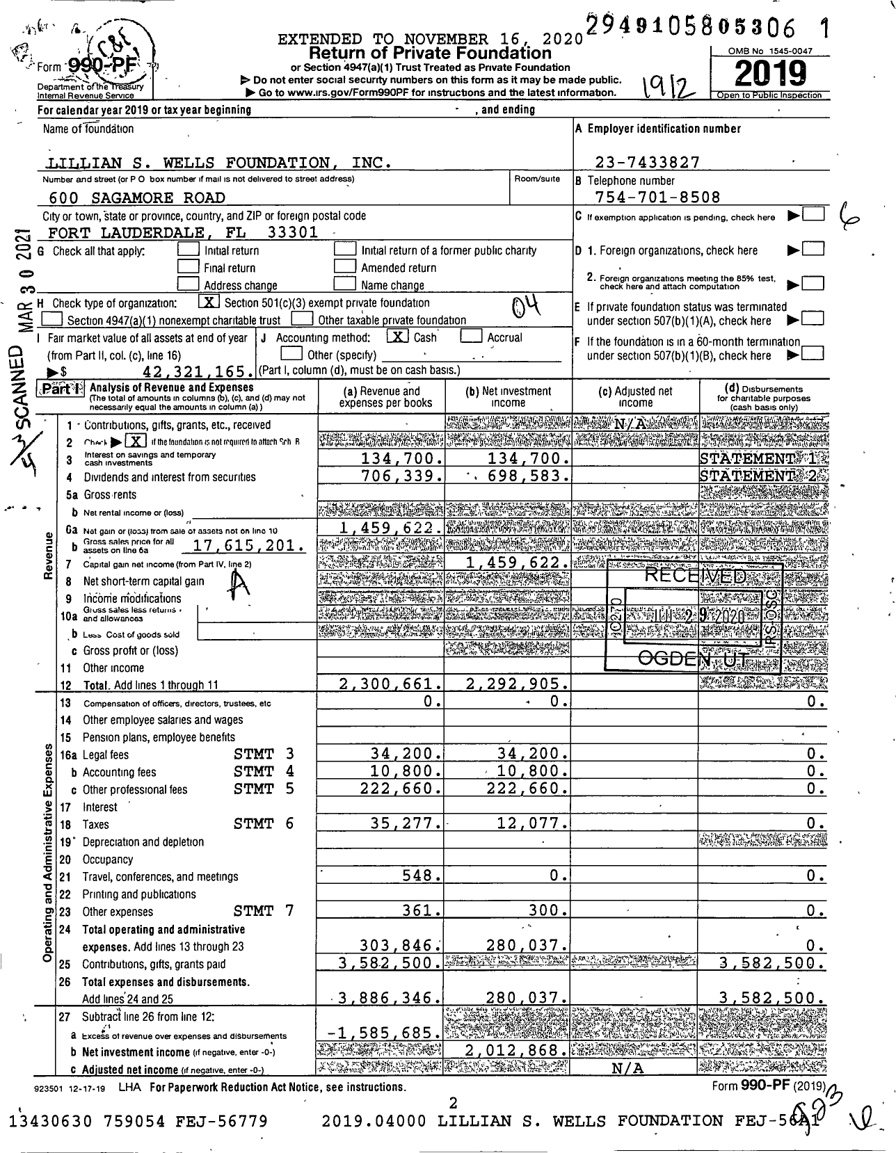 Image of first page of 2019 Form 990PF for Lillian S. Wells Foundation