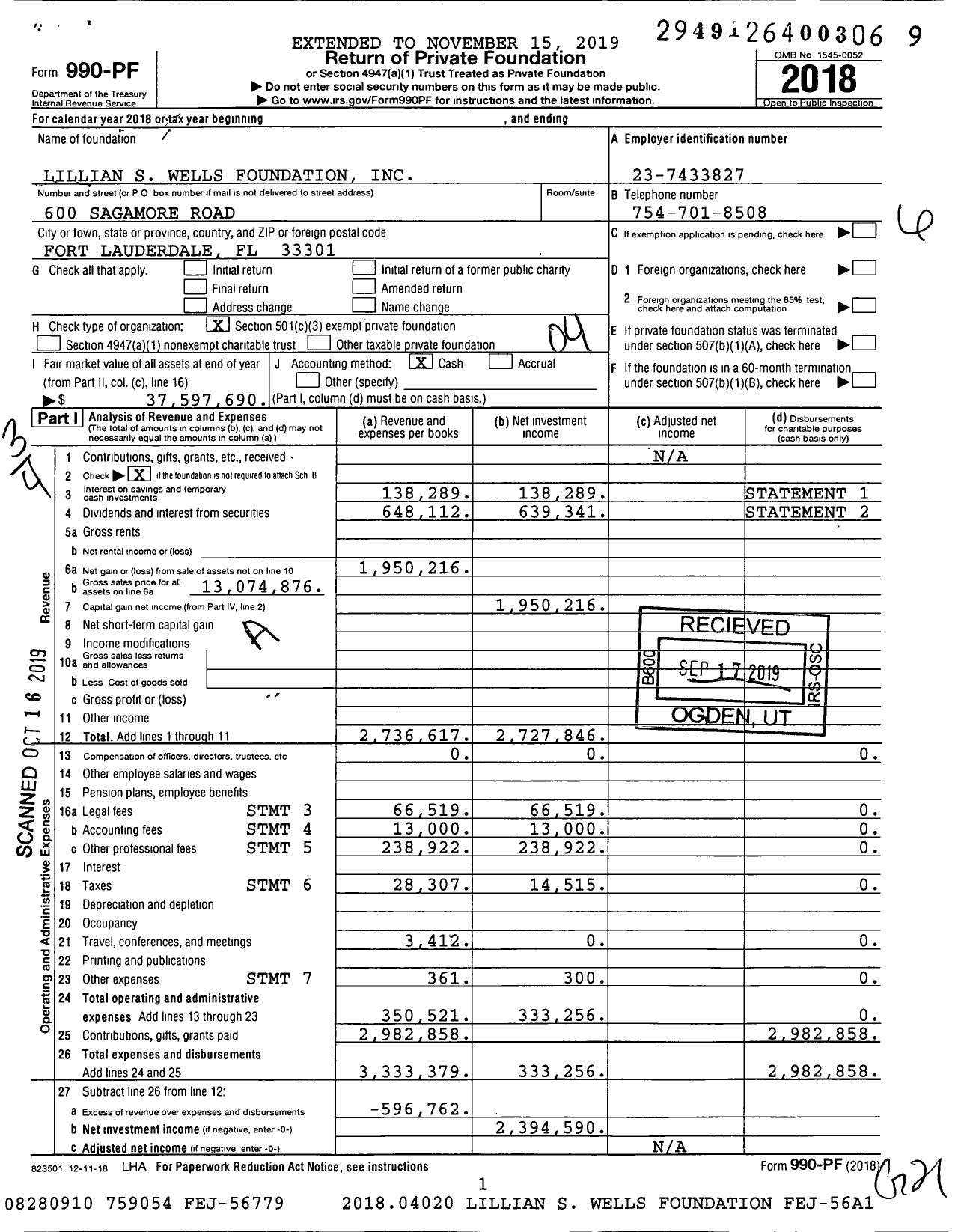 Image of first page of 2018 Form 990PF for Lillian S. Wells Foundation