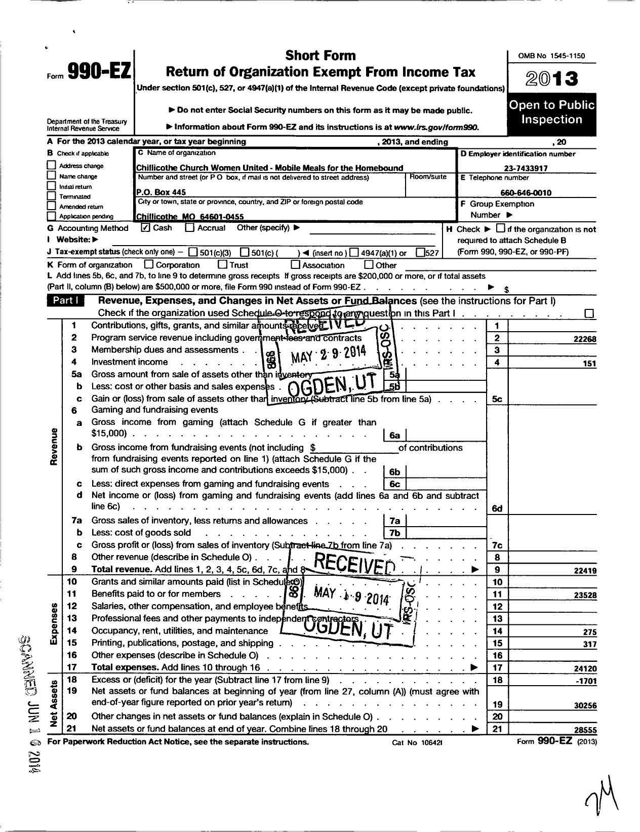 Image of first page of 2013 Form 990EO for Chillicothe Church Women United- Mobile Meals for Homebound